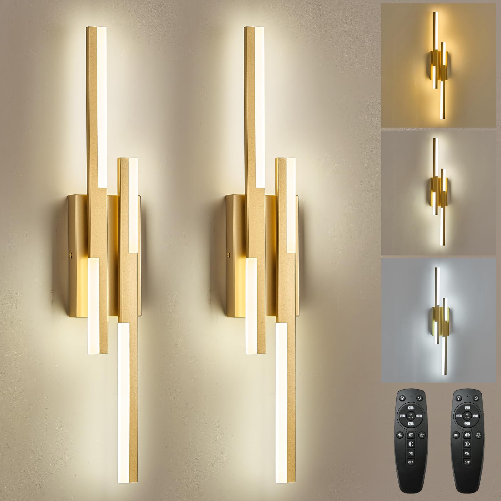 Benkut LED Vanity Lights Set of 2, Gold Wall Sconce, Dimmable with Remote, 27.6 inch, Aluminum