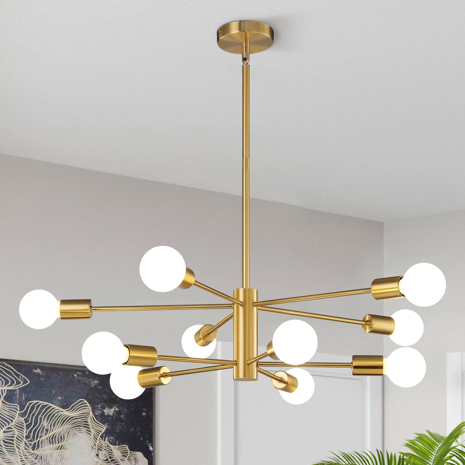 KAISITE Modern Chandelier Ceiling Light Fixture Sputnik Chandelier 10-Light Gold Chandelier for Dining Room Over Table Height Ad