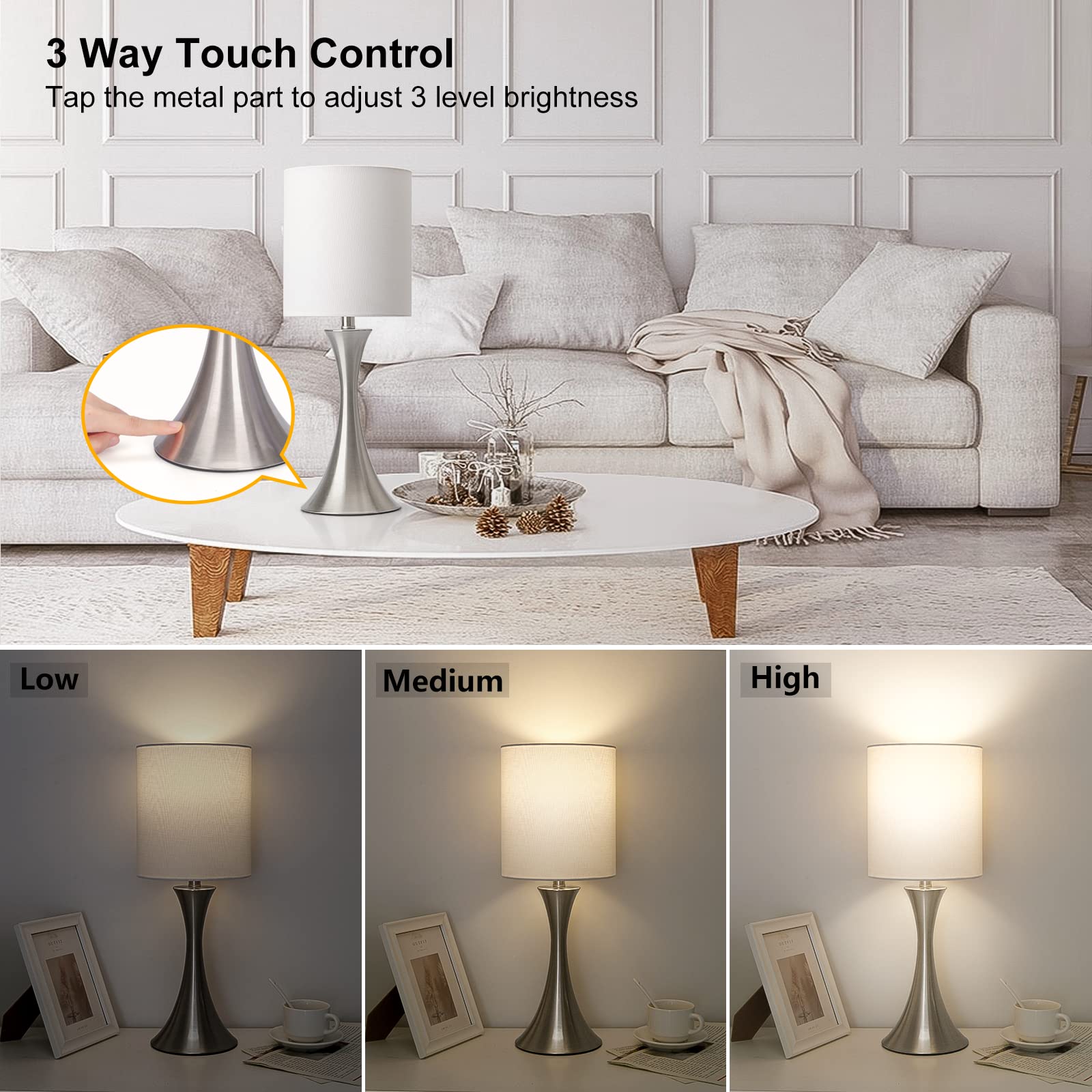 Touch Control Table Lamp, 3-Way Dimmable Bedside Lamp For Living Room, Modern Nightstand Lamp For Bedroom, Silver Table Lamp Wit