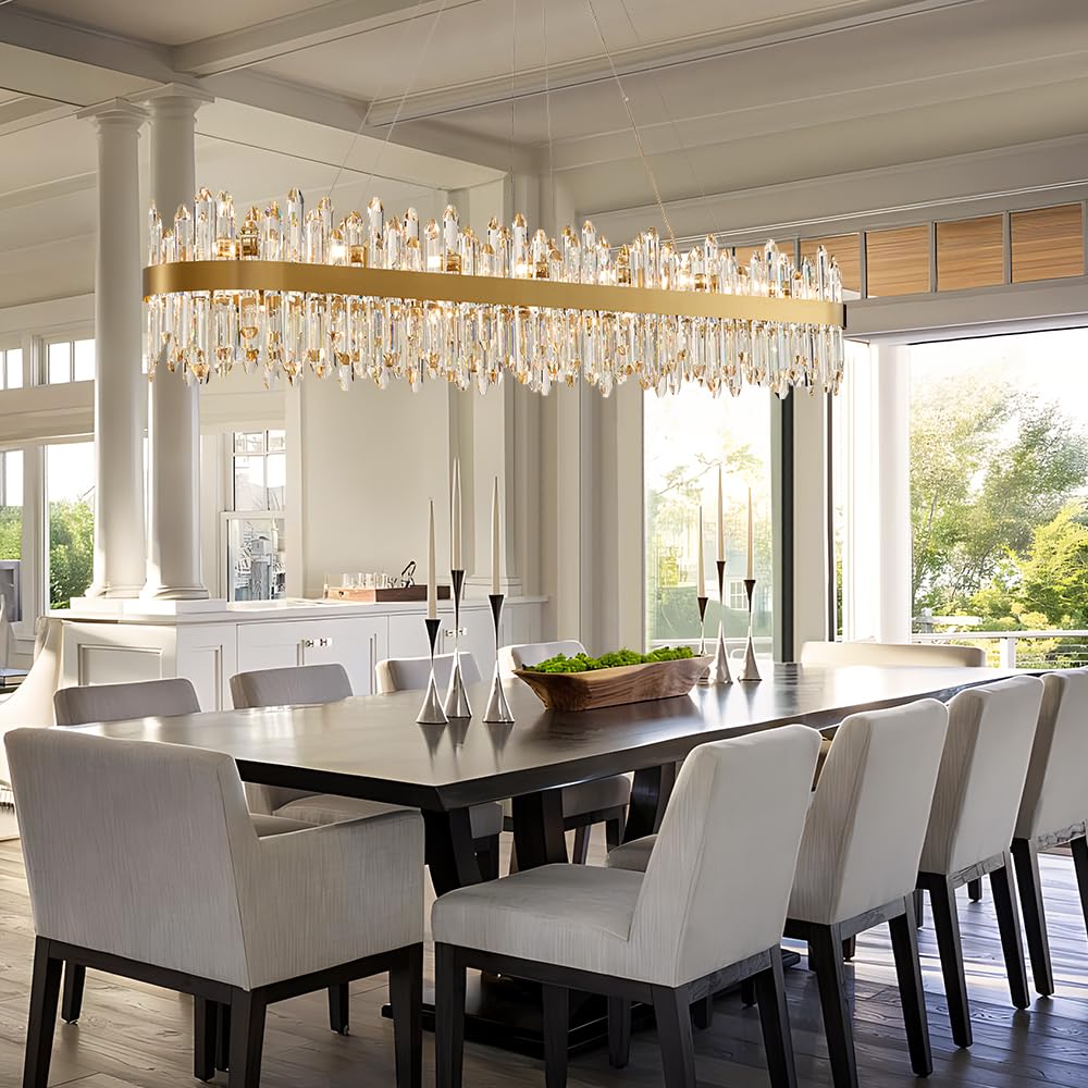 LIZZTREE Gold Oval Crystal Chandelier, 57" L, 32 Lights, Modern Pendant Light Fixture for Dining Room, Kitchen Island, Model LIZZ-8019-L1450GD