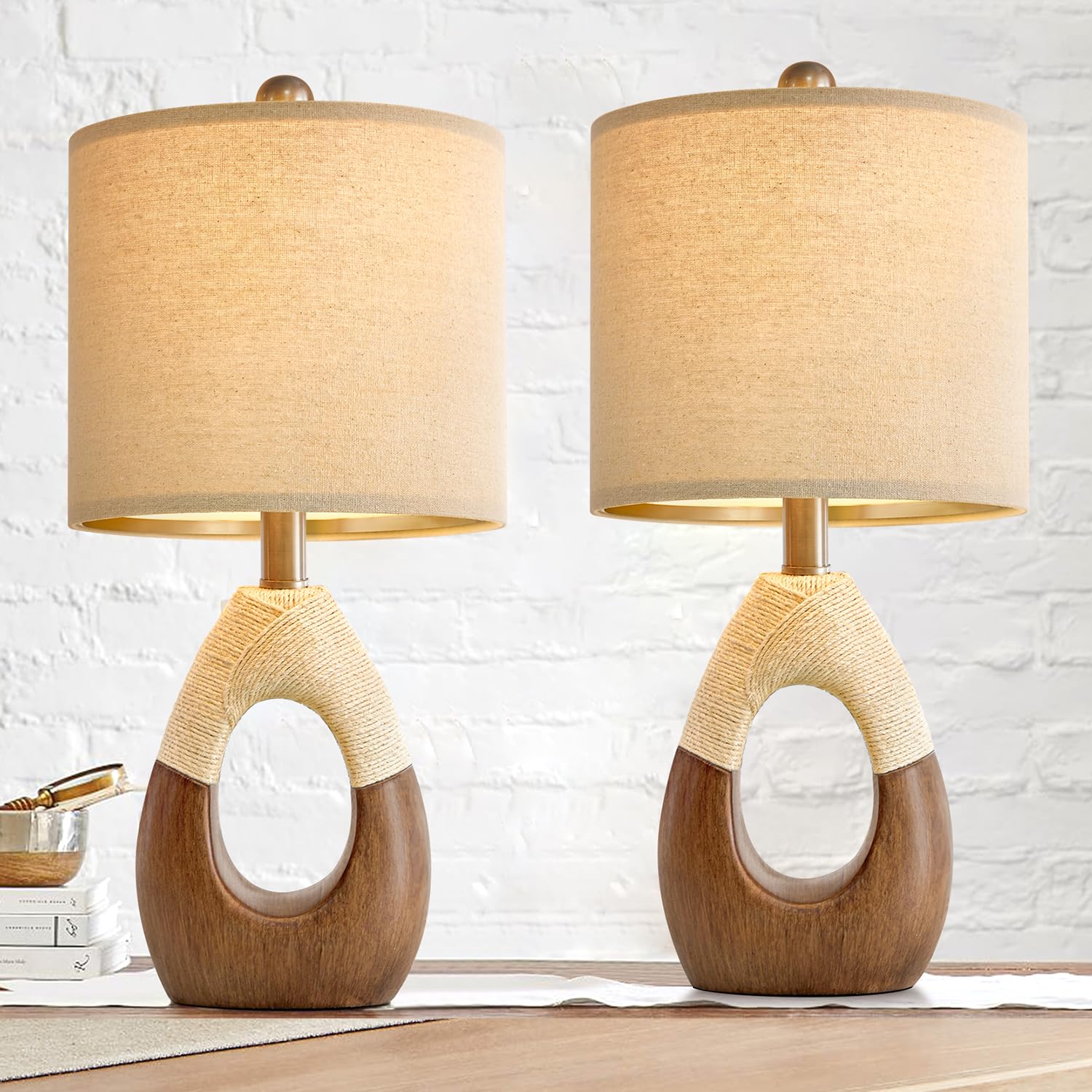 OYEARS Boho Table Lamps Set of 2, 19" Rustic Egg Design, Brown Rattan, Ideal for Small Spaces, Nightstand Bedside Lighting, Model AMZ-T1085WO