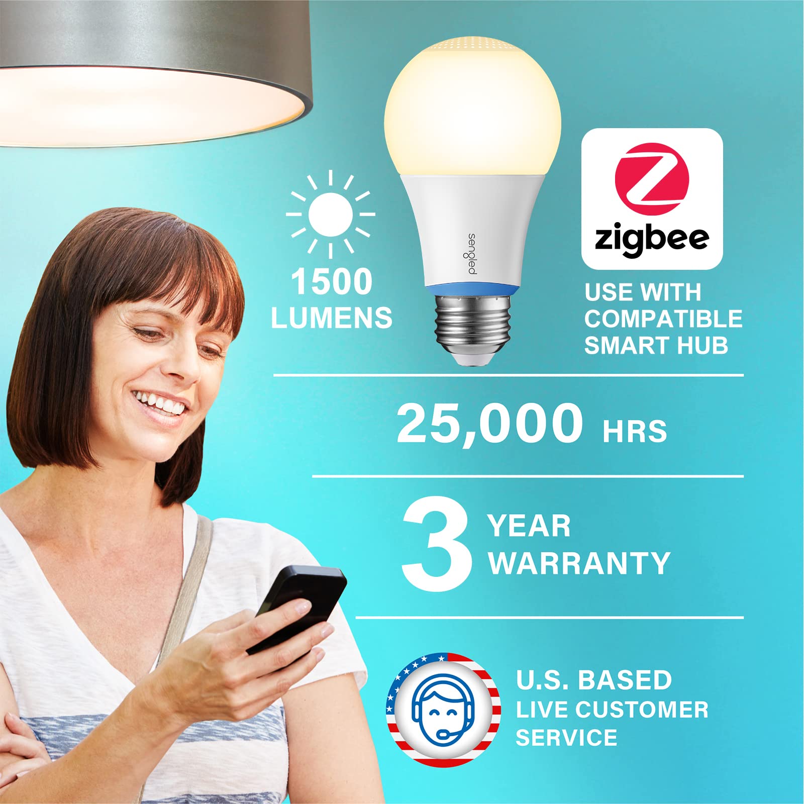 Sengled Smart Light Bulb A19, Soft White 2700K, 100W, Dimmable LED, Zigbee Hub Required, E26, 1500LM, 1