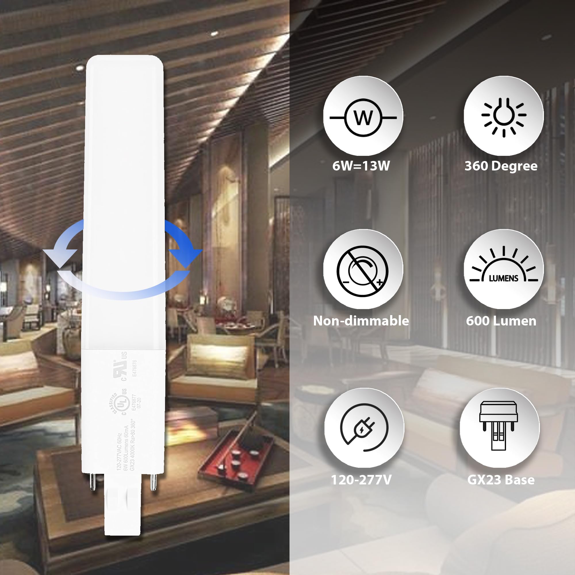 Legental GX23 LED Bulbs, 6W (13W CFL Equivalent), 2-Pin PL, Warm White 3000K, 2 Pack, UL Listed, Plastic