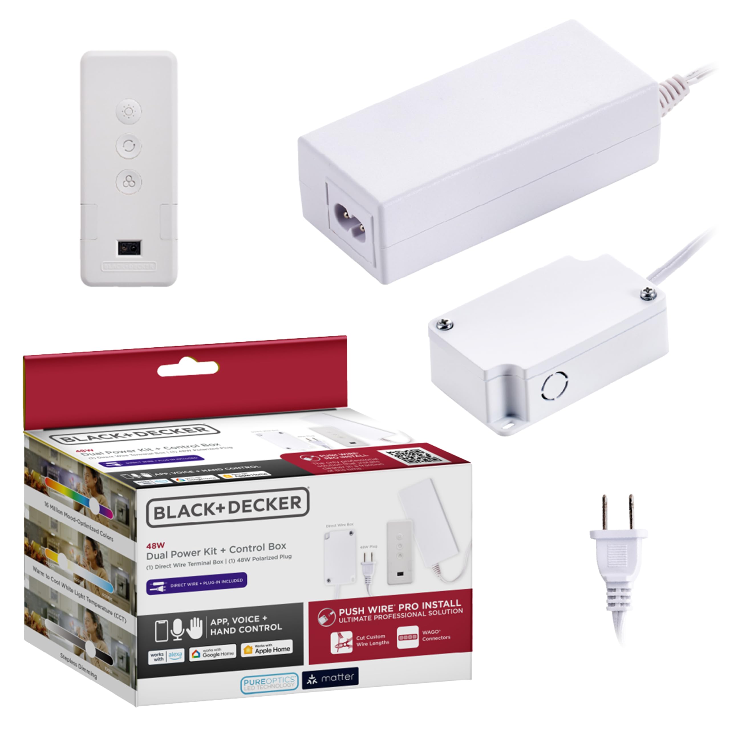 Black+Decker Pureoptics Professional Push Wire Matter Certified Smart Under Cabinet Lighting 2-In-1 Power Kit, 48W Plug-In And D