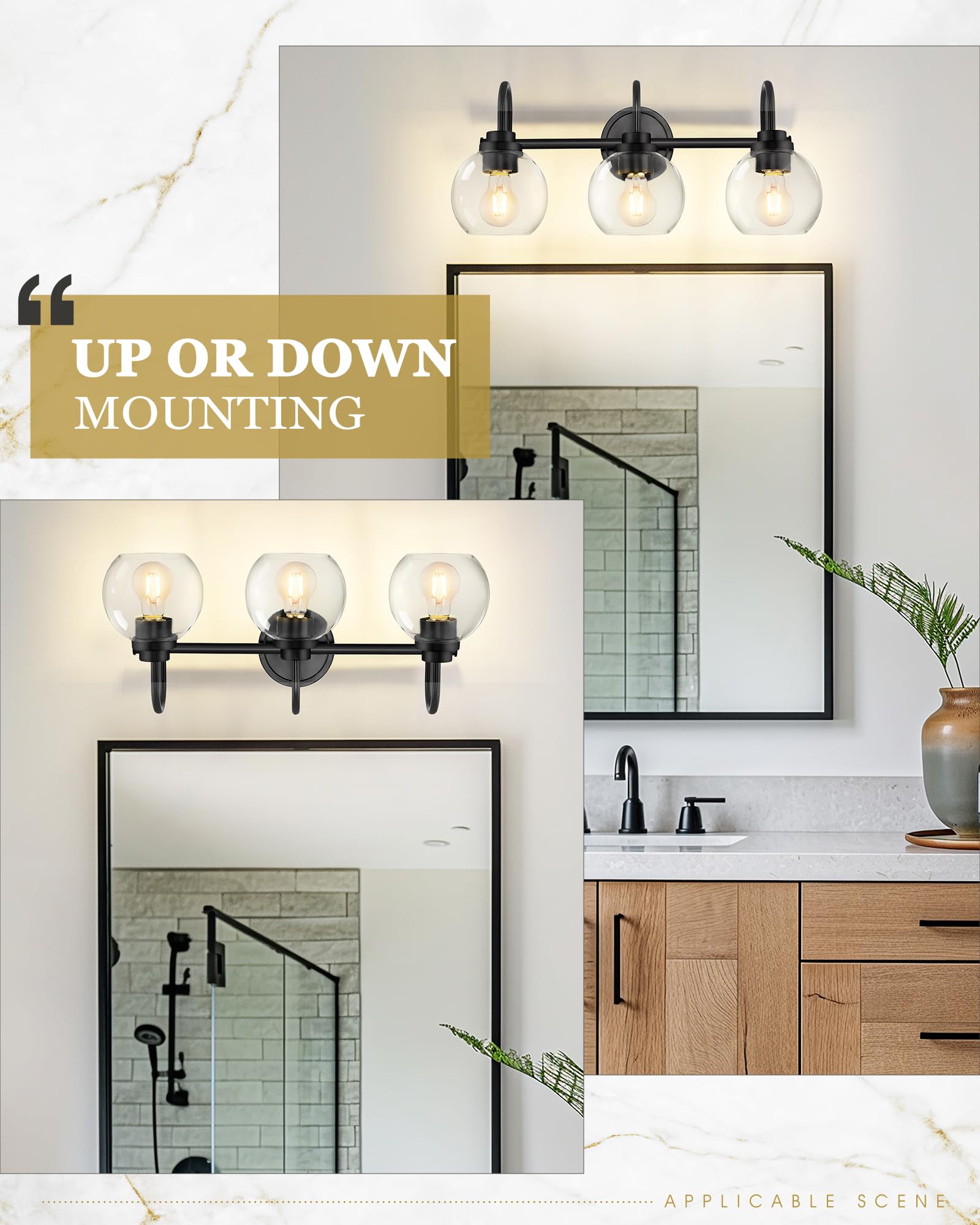 Audickic Bathroom Light Fixtures, 3-Light Matte Black Vanity Lights With Globe Clear Glass, Modern Vanity Lighting Fixtures Over Mirror, Ad-22280-3W-Bk