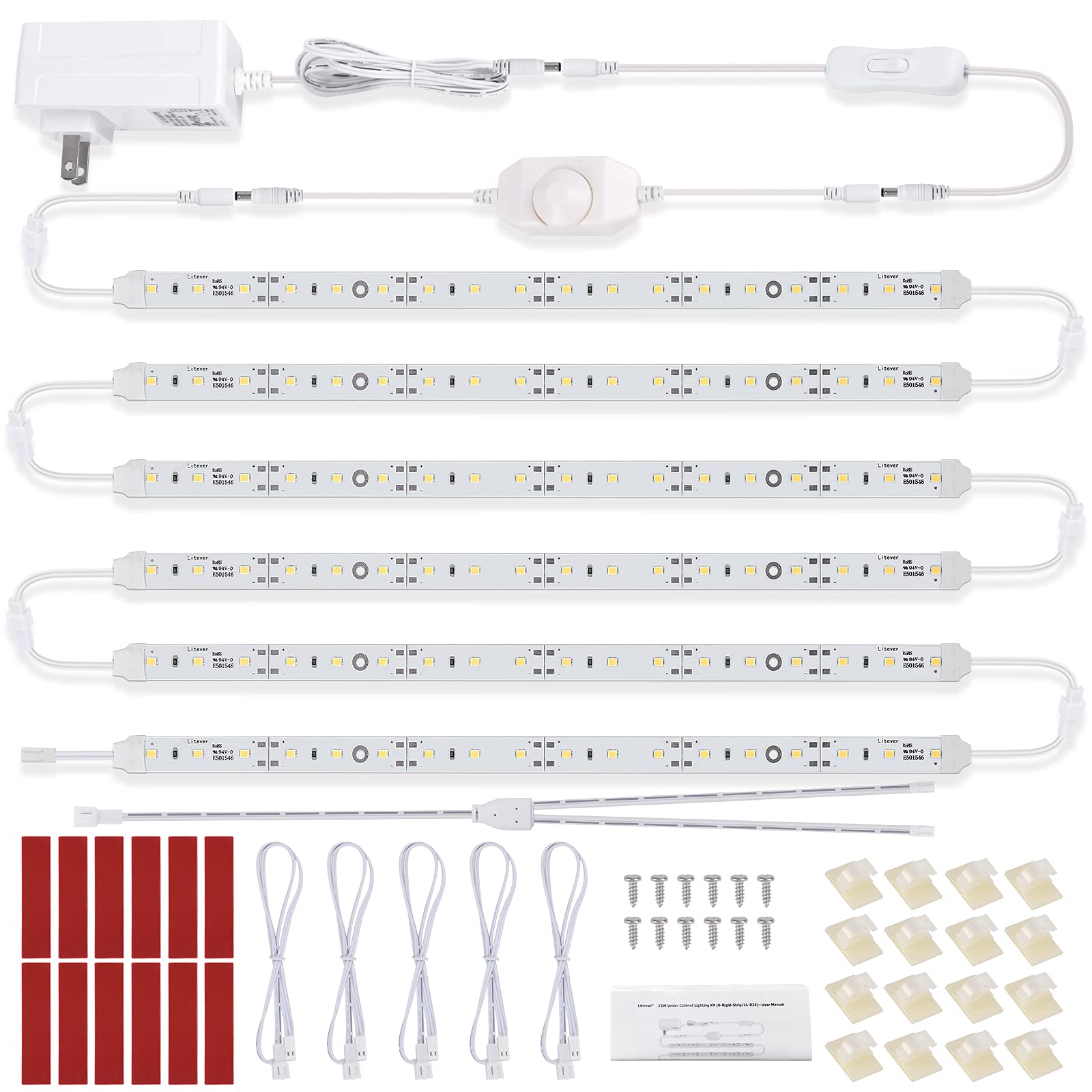 Under Cabinet LED Lighting Kit for Kitchen Cabinets Counter Shelf Bookcase Closet. 6 PCS 12 Inches LED Light Strip with Adapter 