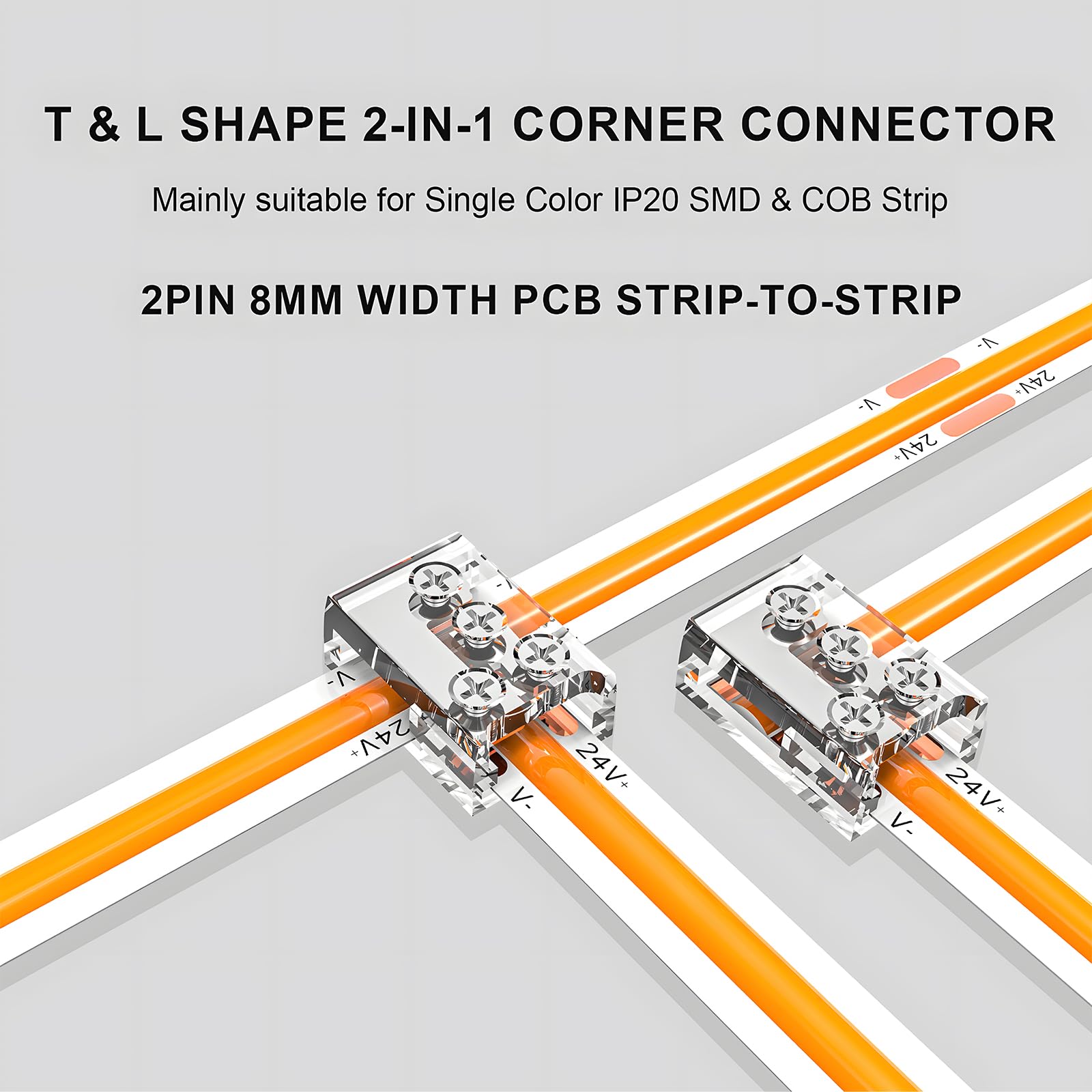 15 Pack 8Mm 2-Pin Led Strip Connectors, Solderless Led Corner Connector T & L Shape Gapless Transparent Tape Light Connectors Fo