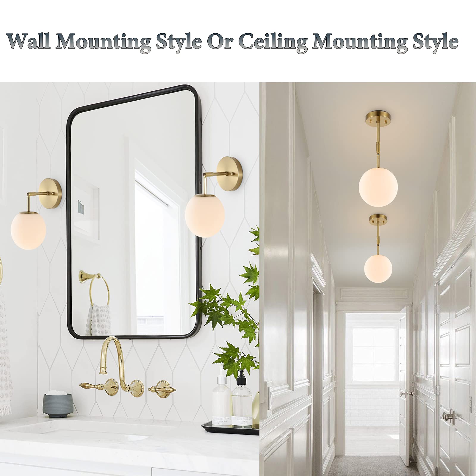 Baoden Modern Wall Sconce Industrial Mid Century Bathroom Vanity Wall Light With White Globe Glass Lampshade Brushed Brass Finis