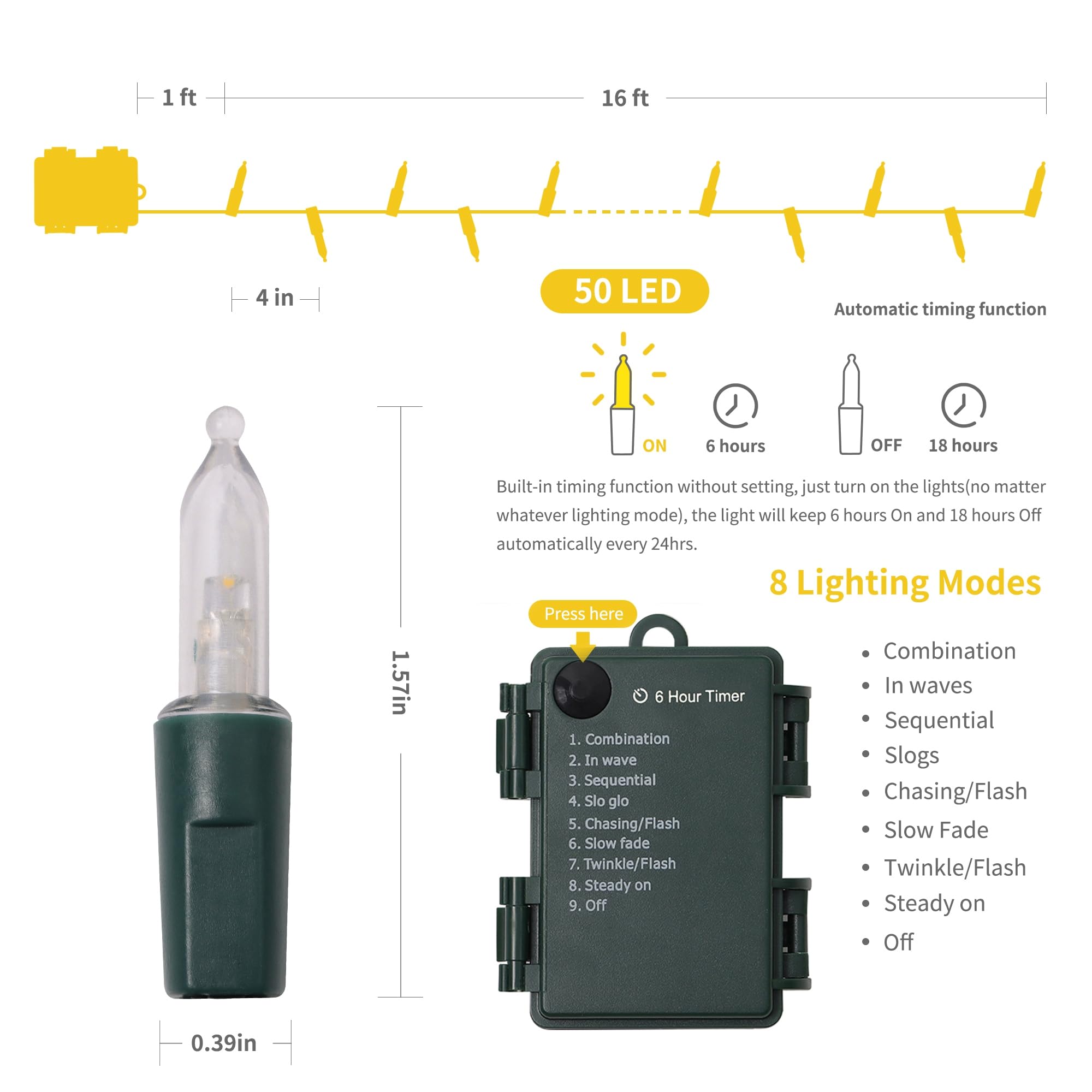WATERGLIDE 50 LED Outdoor Christmas Lights, 16 FT Battery Operated, 8 Modes, Waterproof, Warm White