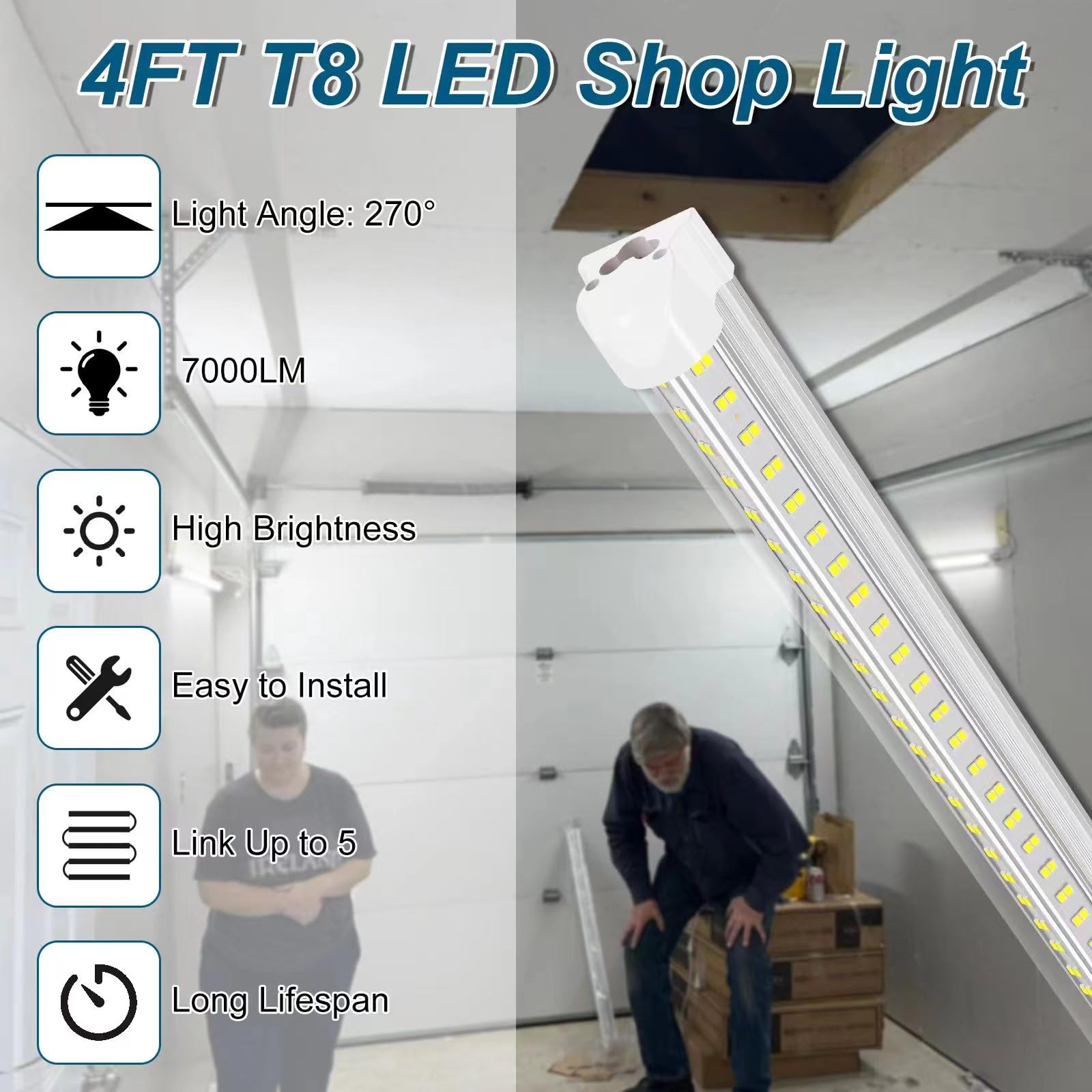 Aqiquut Led Shop Lights,4Ft Led Shop Light 6500K Daylight 50W 7000Lm.4 Foot Led Shop Lights Clear Cover Integrated V-Shape,Linka