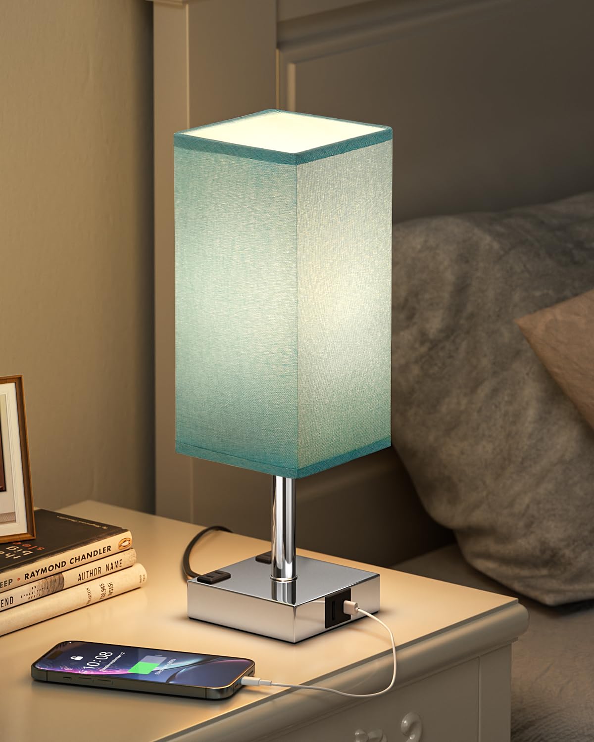 aooshine Touch Bedside Table Lamp - 3-Way Dimmable, USB A & Type C Ports, 14in, Turquoise & Silver, E26 Bulb, Model 3