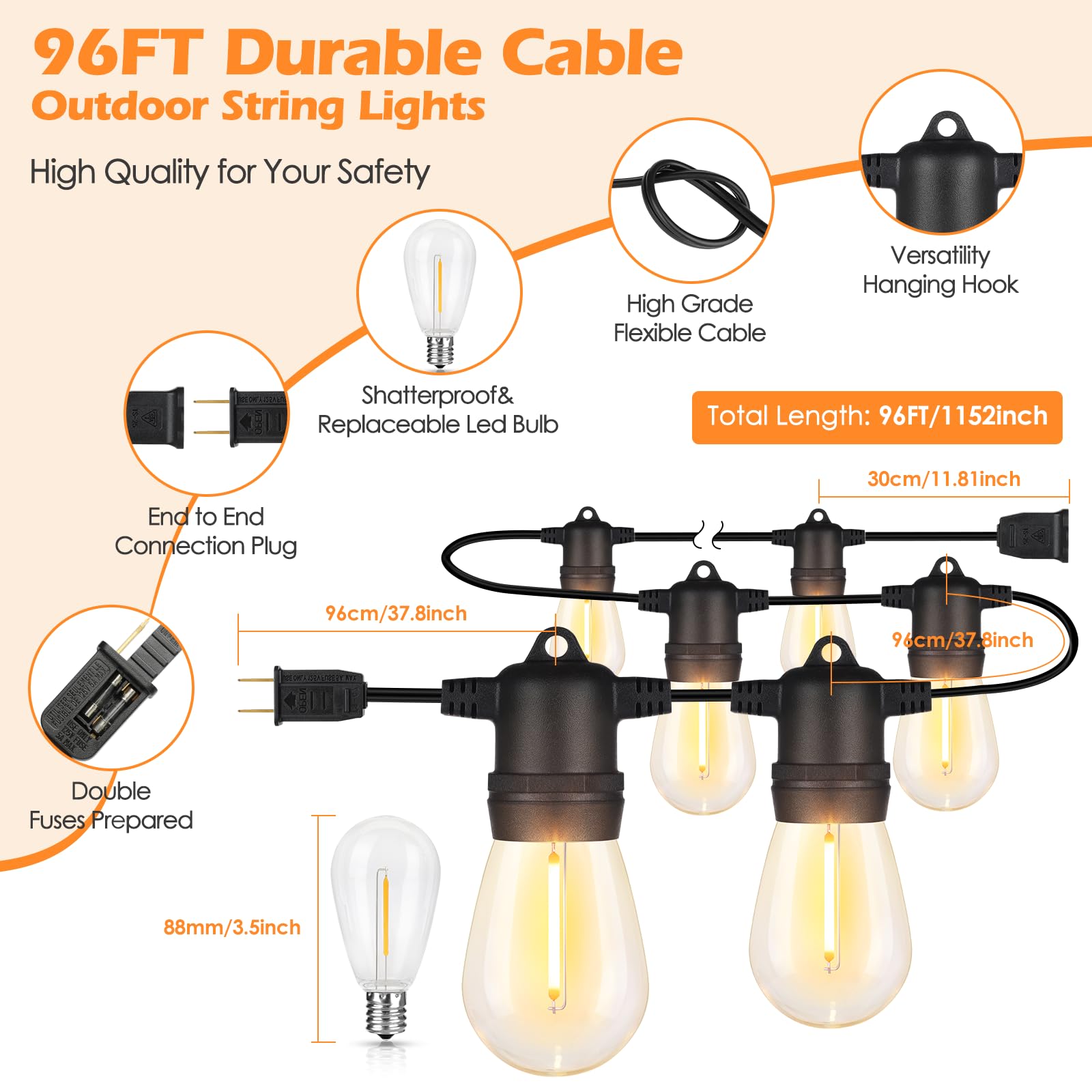 Larkvue 96Ft Led Outdoor String Lights, Waterproof Patio Lights With 30+3 2700K Dimmable Shatterproof Edison Hanging Bulbs For B