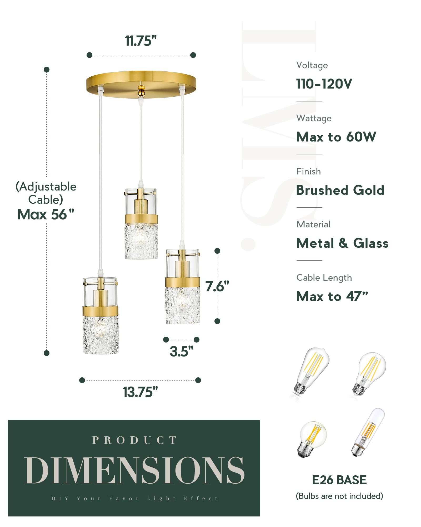 Lms 3-Light Pendant Light Fixtures, Brushed Gold Farmhouse Kitchen Island Light, Industrial Adjustable Hanging Pendant Lighting, Cluster Chandeliers, Lms-189