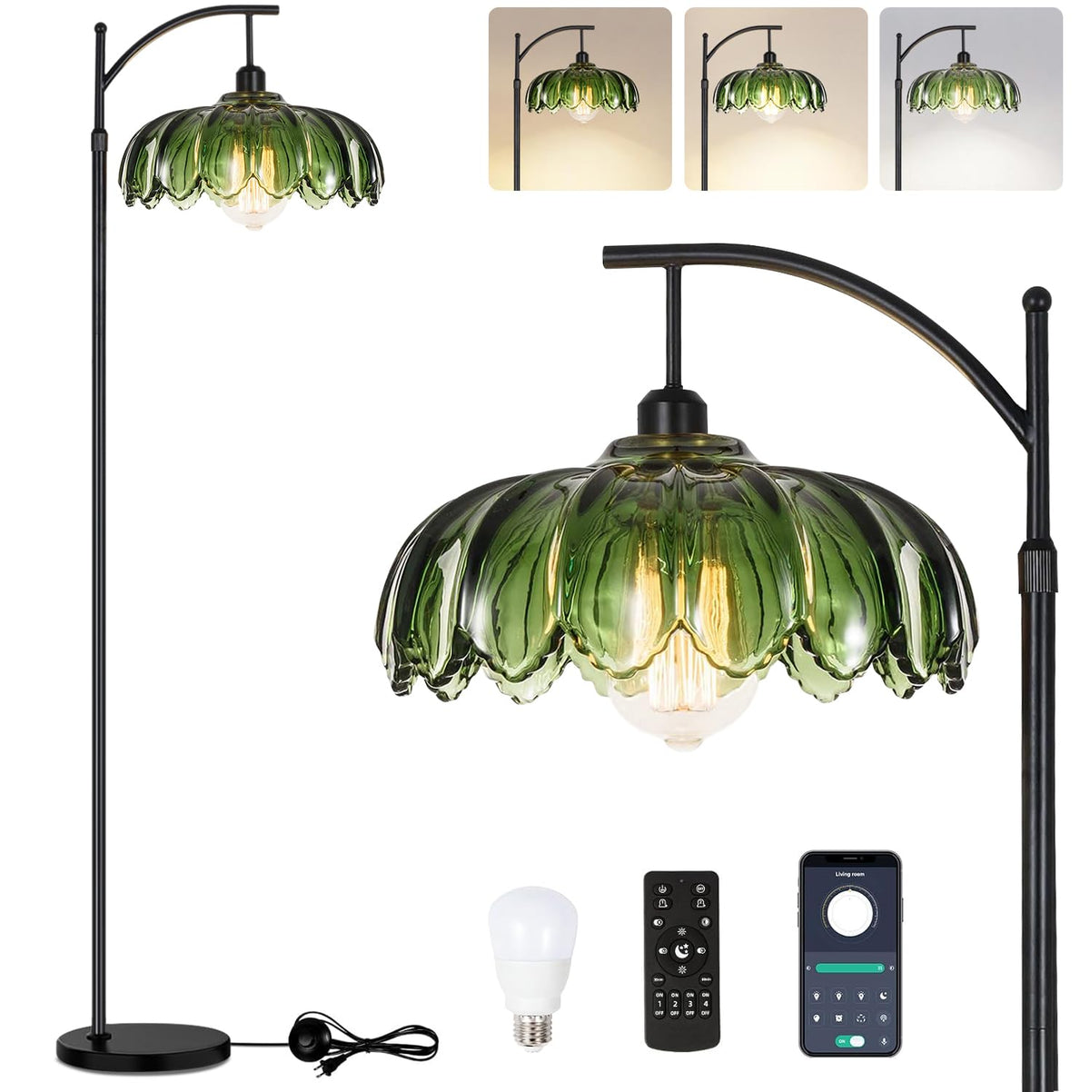 Qiyizm Gold Floor Lamp Dimmable Standing Lamp With Remote,Brass Tall Lamp Mid Century Modern Retro Glass Vintage Green Lamp Floo