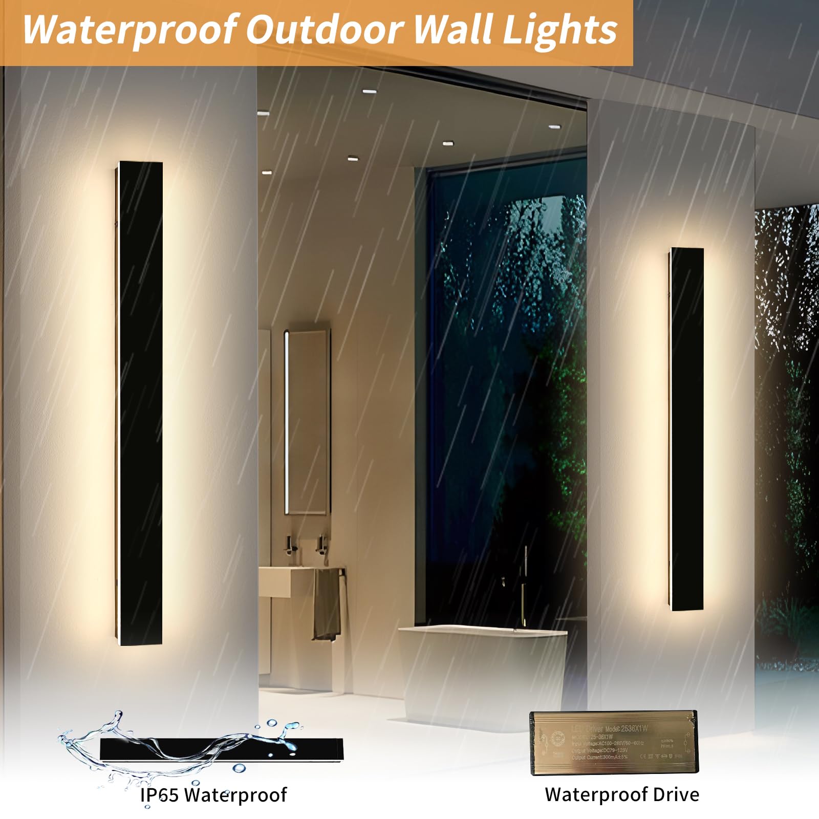 Mikeru 3CCT Dimmable Outdoor Wall Sconce 47.2" IP65 Waterproof 2-Pack with Remote Control, Adjustable 3000K/4500K/6000