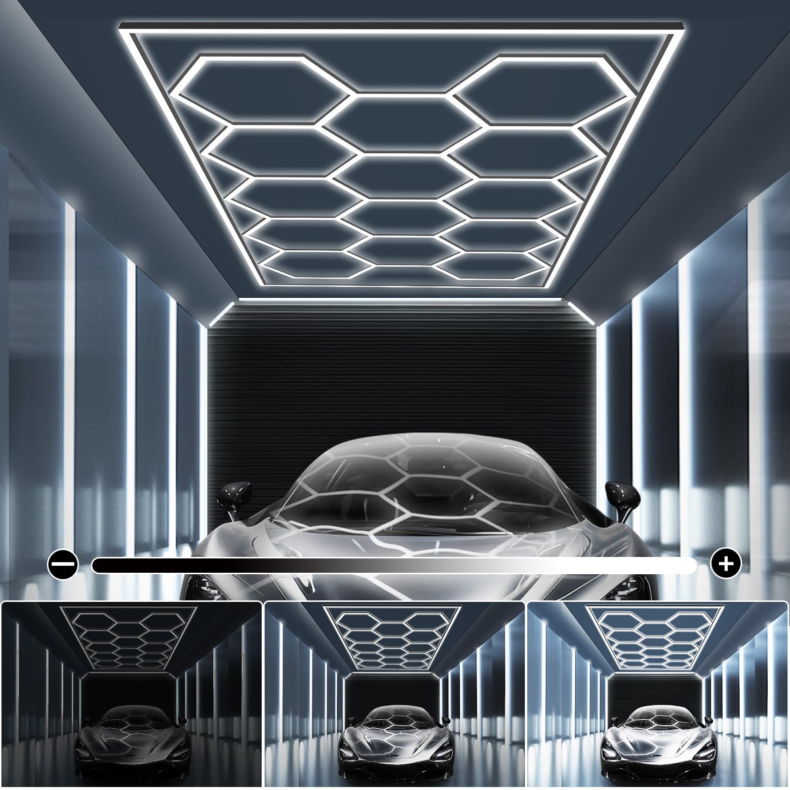 MODERN Hexagon Garage Light: Upgraded 3 Level Dimmable Hexagon Led Garage Light with Rectangle Frame 86400 Lumens 6500K for Garage  Basement  Warehouse  Auto Beauty Shop  Car Detailing Shop etc.