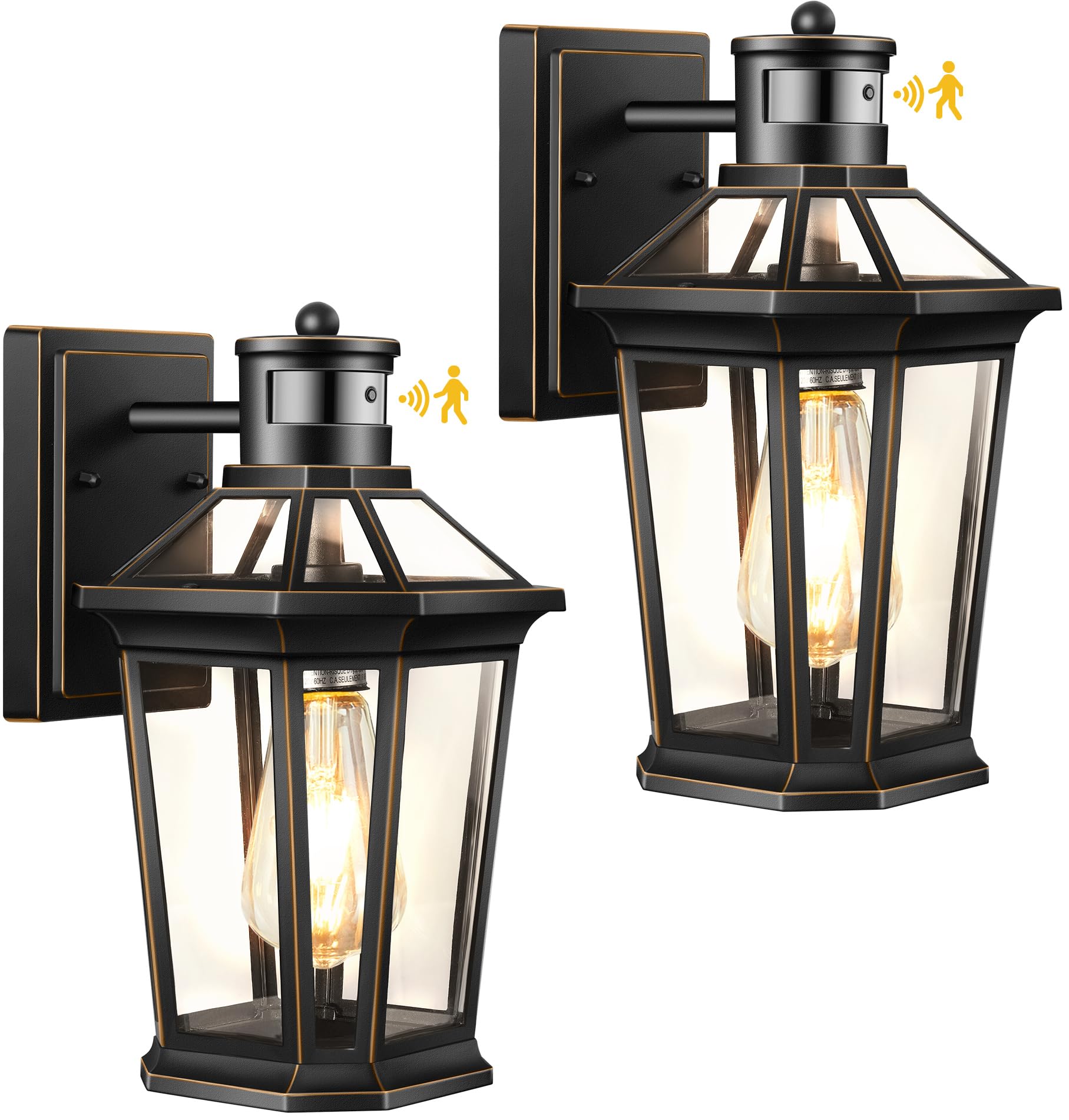 Vianis Motion Sensor Outdoor Light Fixture 2-Pack, Dusk To Dawn, Black Gold Aluminum Lanterns