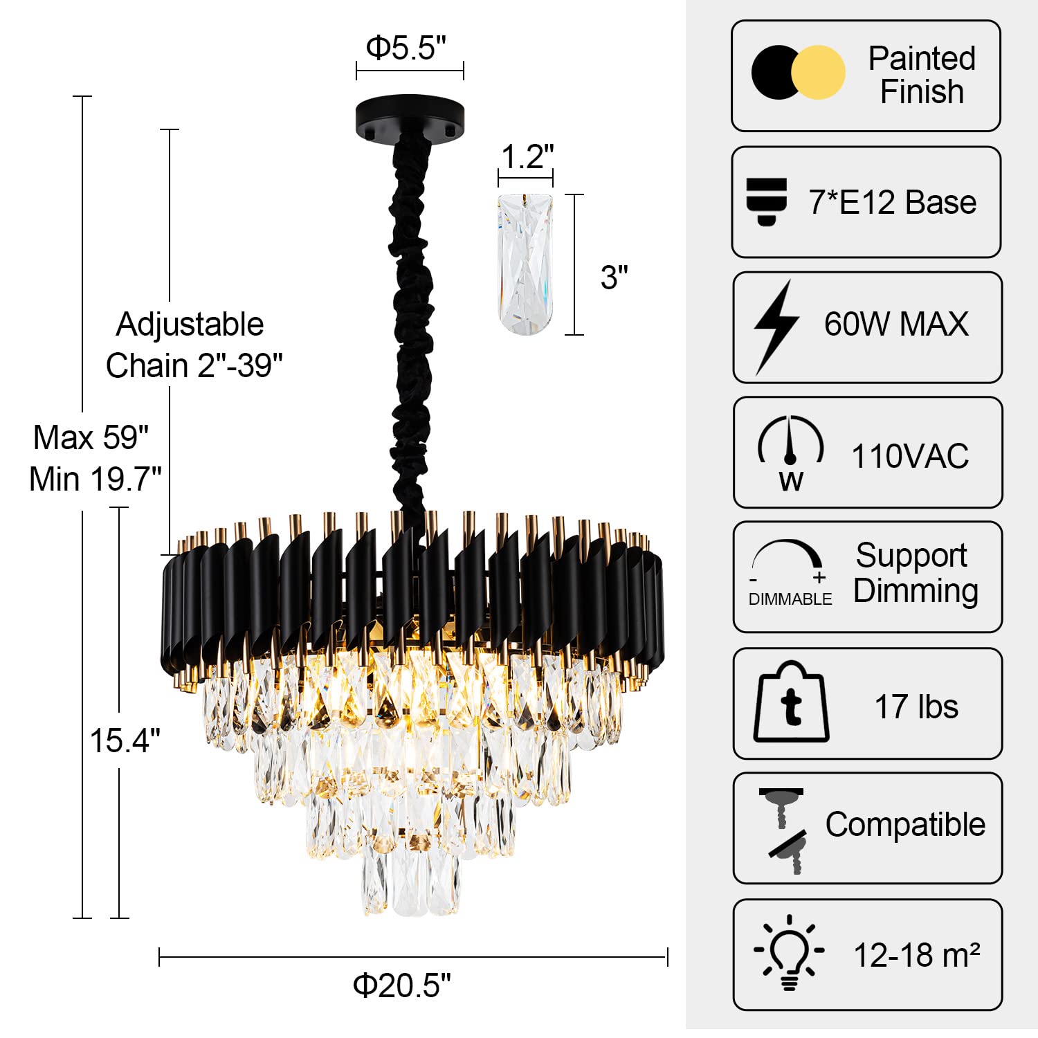 lighceac 15" 5-Light Modern Crystal Chandelier - Black Gold 3-Tier Luxury Pendant Lighting for Dining Room, Living Room, Kitchen