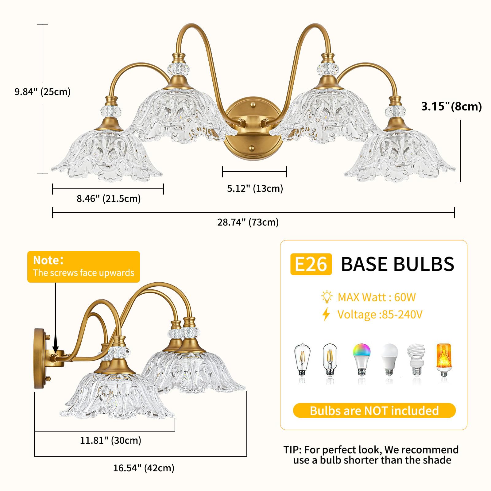 sunkryster 4-Light Vintage Bathroom Vanity Light, Matte Brass Finish, Floral Glass Shades, Retro Wall Mount, Model Sun-104AB-Brass-4