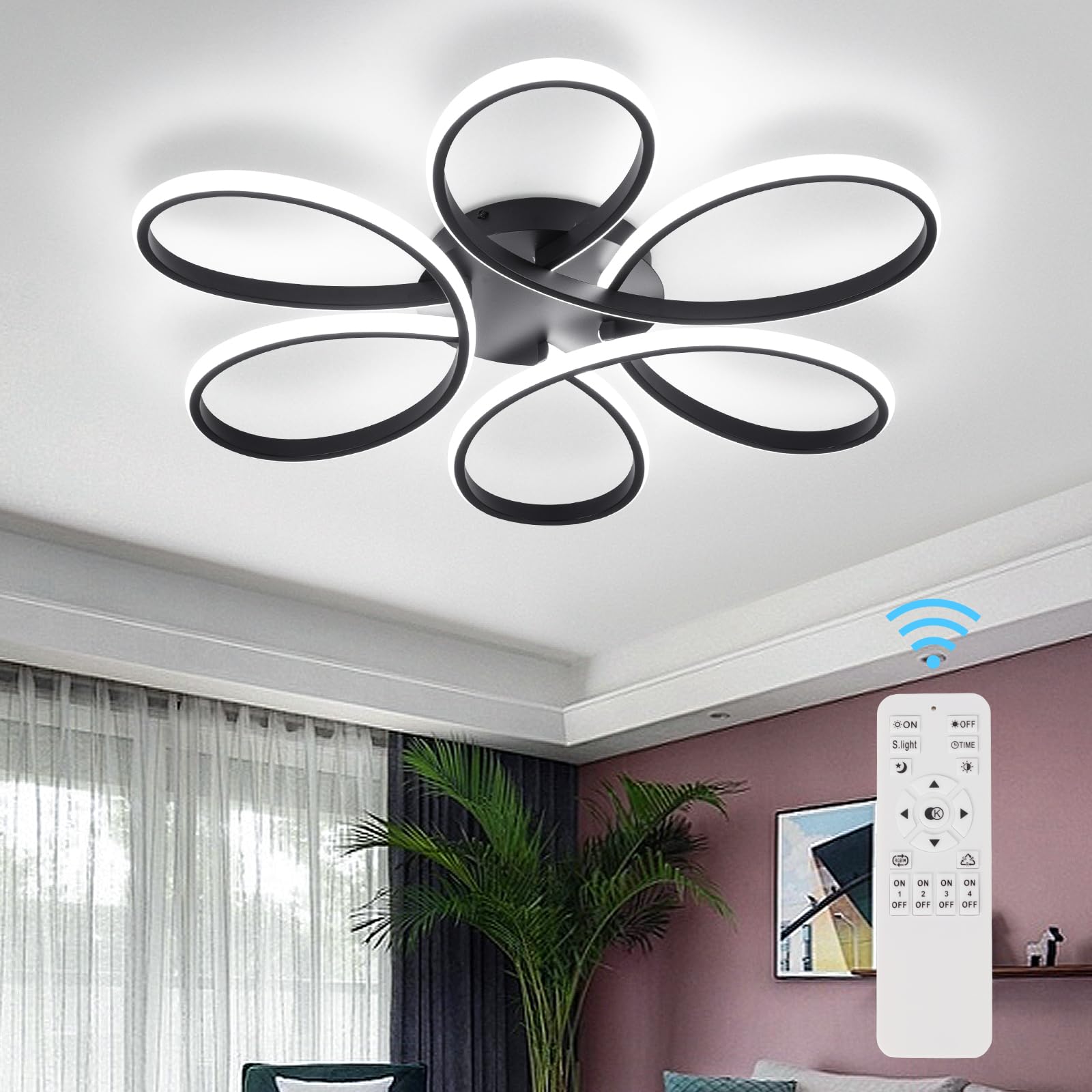 HLILCEH 26in LED Ceiling Light, 6 Rings Flush Mount Fixture, Black, Dimmable with Remote Control, Model CL-6BHBK-D-US-FBA