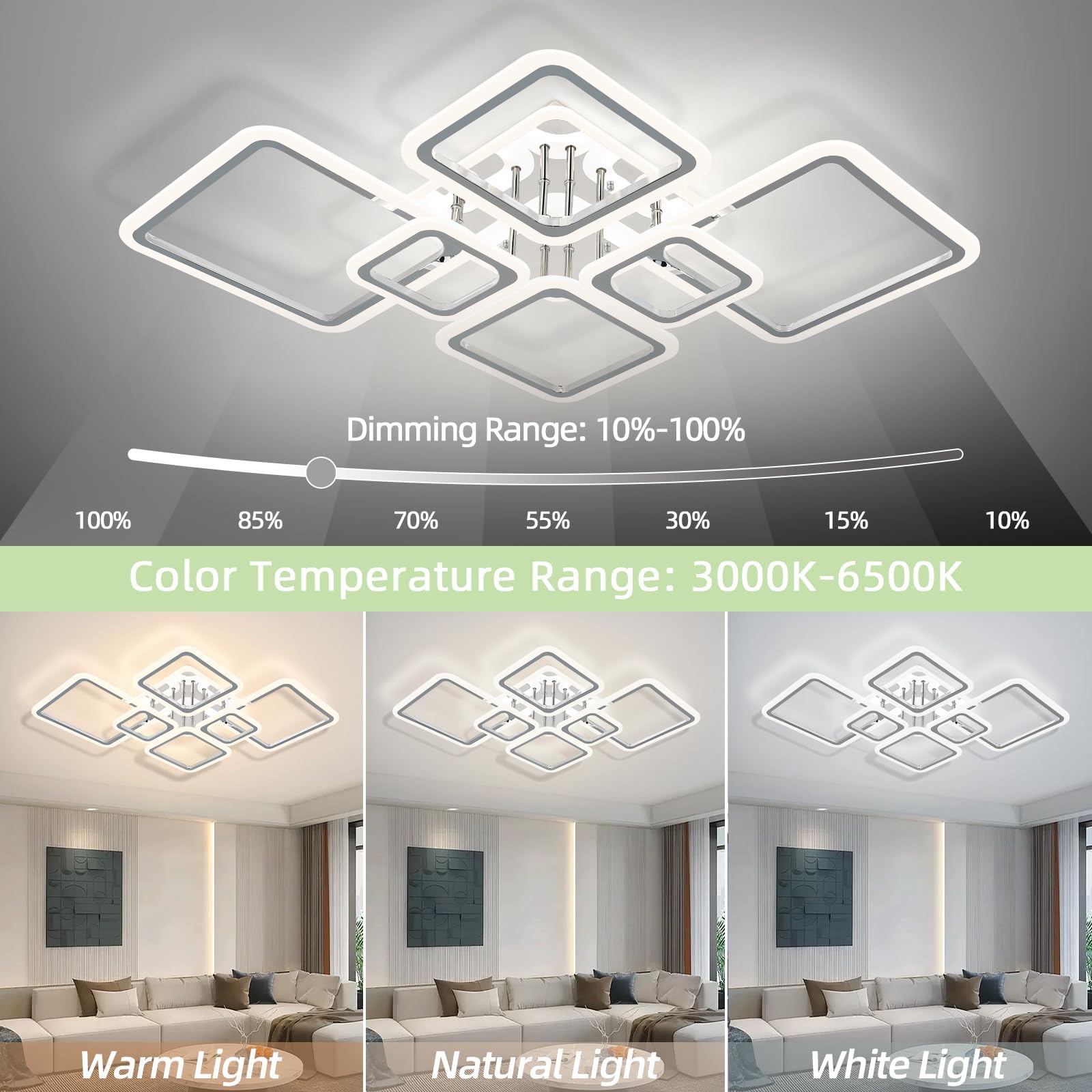 SEABLE Modern LED Ceiling Light, 40.2'' Dimmable 7 Light Fixture, Chrome, Remote Control, Model SE-S005-7CH