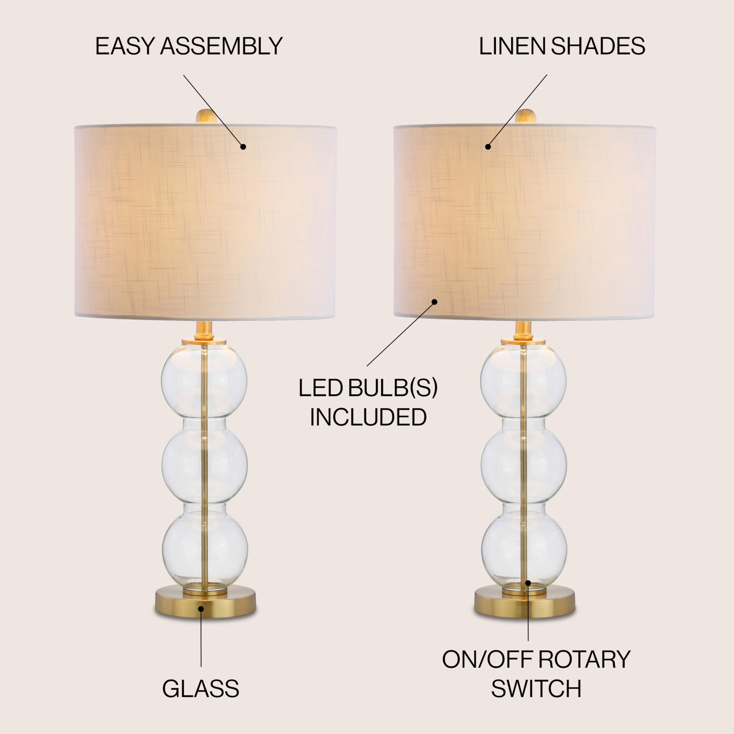 JONATHAN Y Set of 2 Table Lamps, 27" Glass Triple-Sphere LED, Clear/Brass, Model JYL1070A-SET2, Contemporary Design for Bedroom/