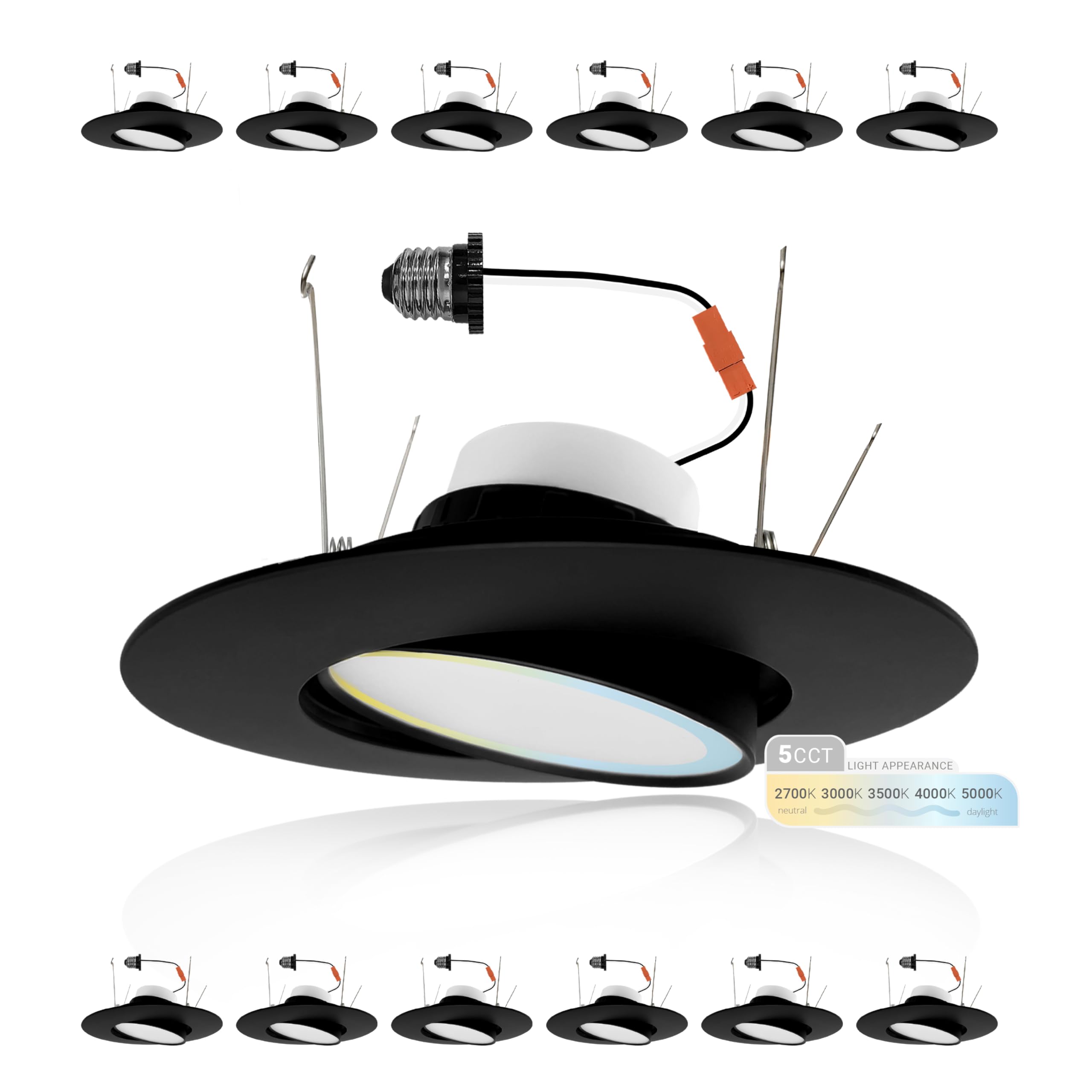NUWATT 6 Inch LED Gimbal Retrofit Recessed Lights, 1200lm, Dimmable, 5CCT, Black, 12 Pack, Model NW-GMB-C6