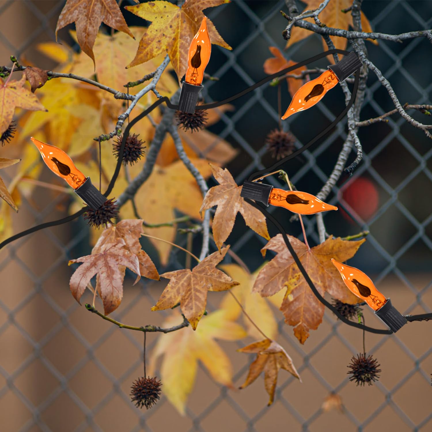 Fall Halloween Decorations Indoor Outdoor - Flickering Flame String Lights Orange Halloween Lights, 12.8Ft C7 Retro Twinkle Flame String Lights With 10 Flame Light Bulbs (E12 Base, Orange)