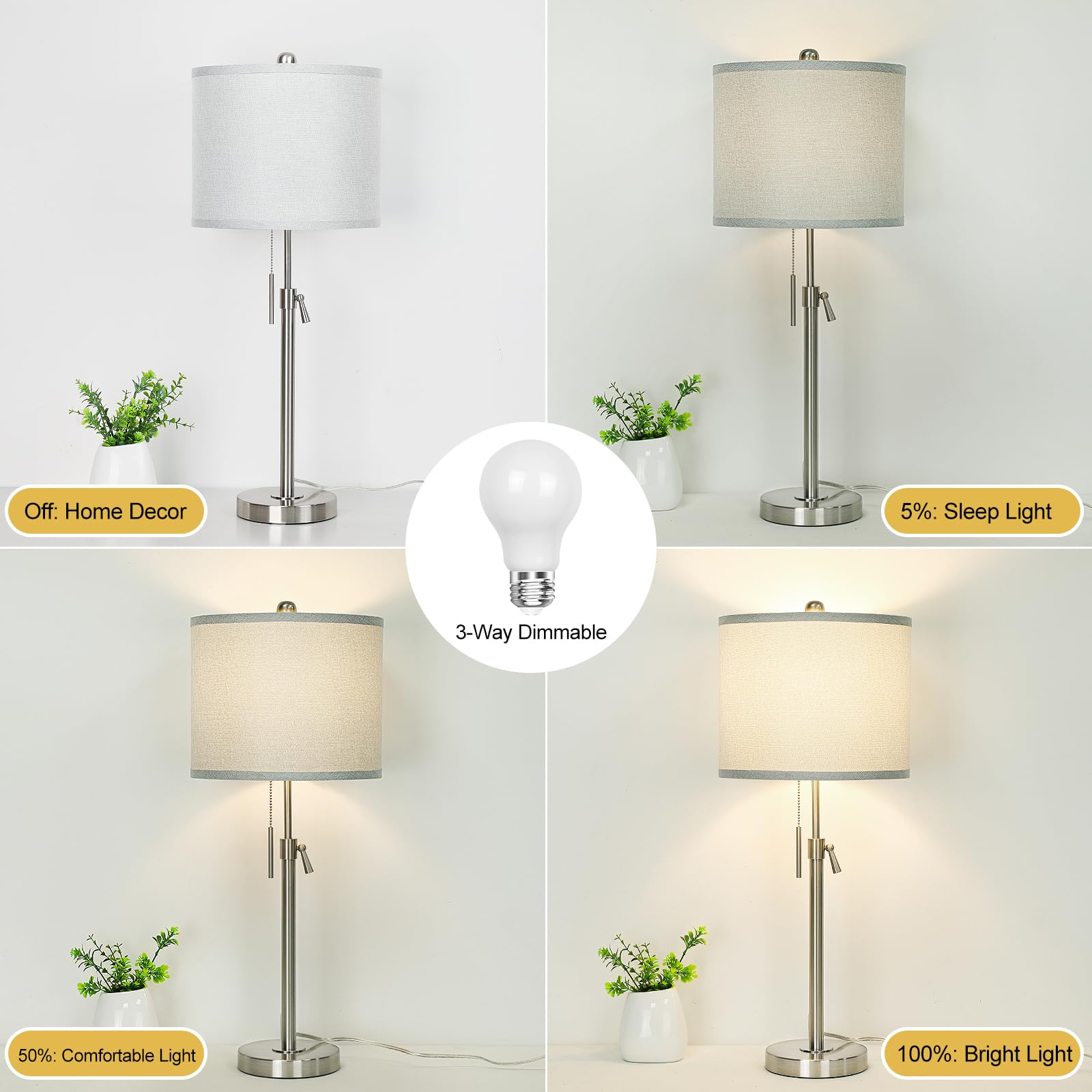 Brushed Nickel Table Lamps Set Of 2: 22'' To 30'' Height Adjustable Nightstand Lamps With Grey Linen Shade Pull Chain Switch Sil