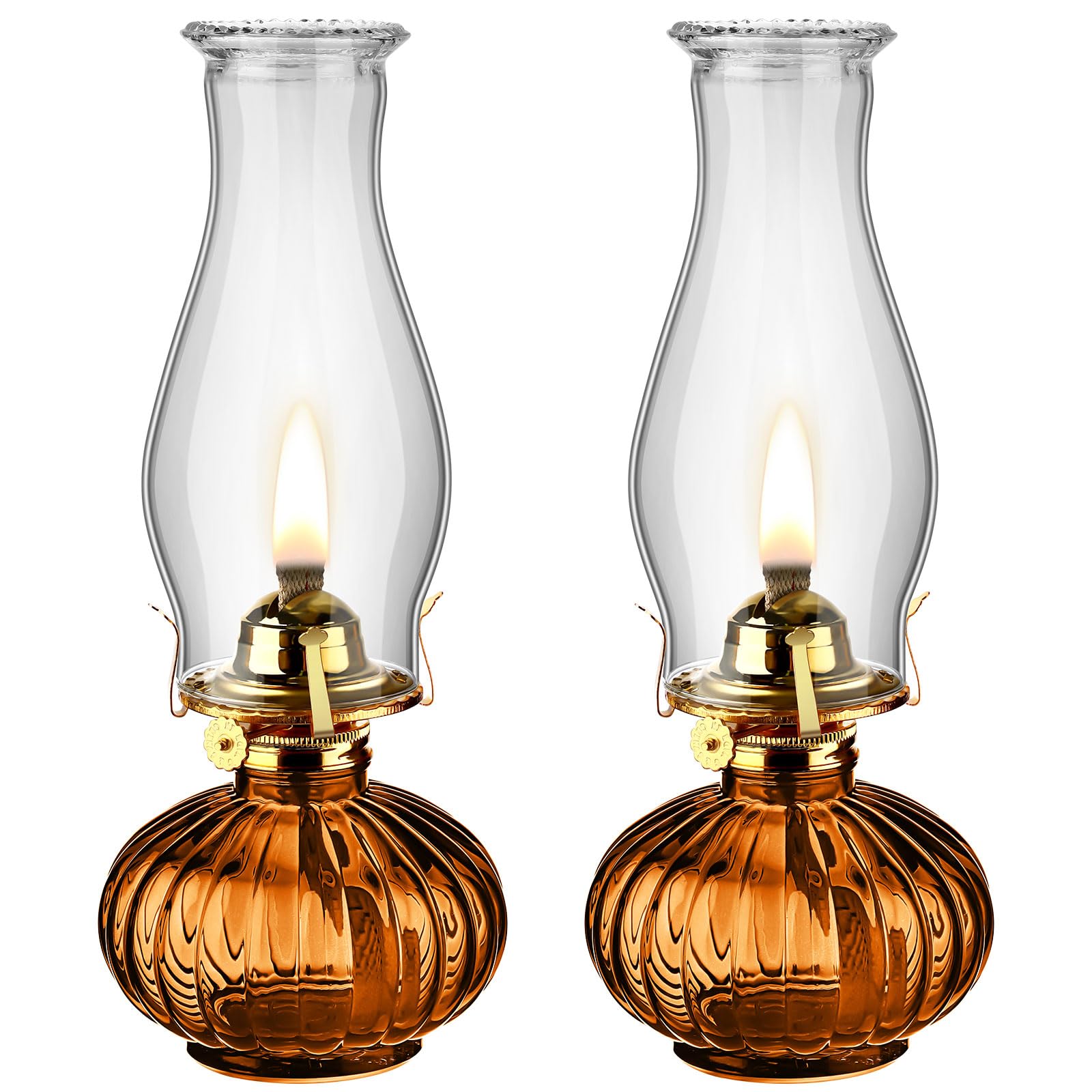 2 Set Chamber Oil Lamp Classic Kerosene Lamp Large Oil Glass Lantern Vintage Hurricane Lamp with Adjustable Fire Wick for Home Indoor Use Chimney Burner, 13 inch Heigh(Brown)