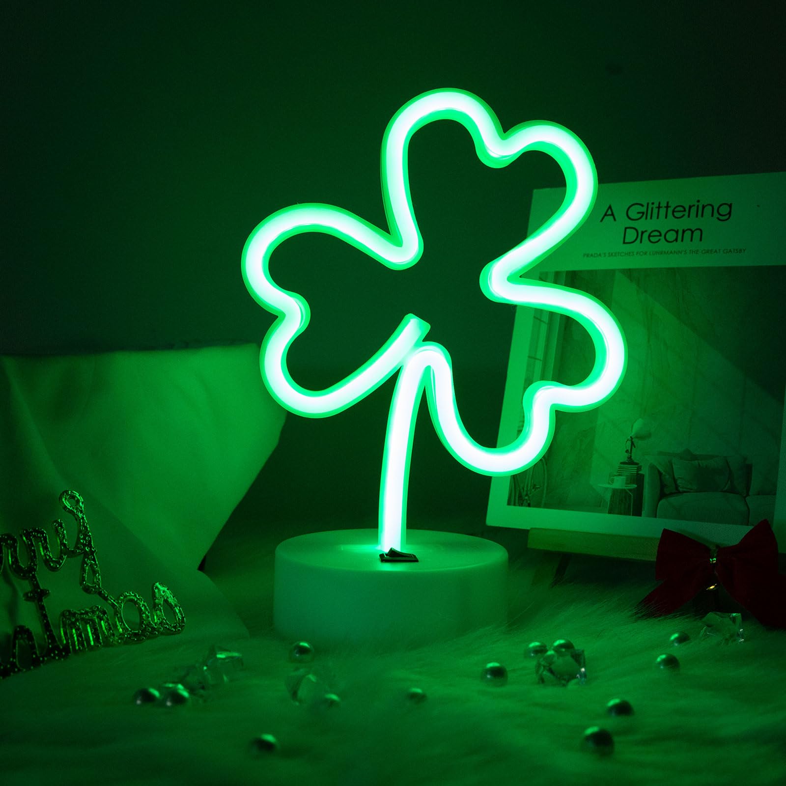 ENUOLI LED Neon Sign - Green Clover Night Light, USB & Battery Powered, Plastic, Model yNH.Z033