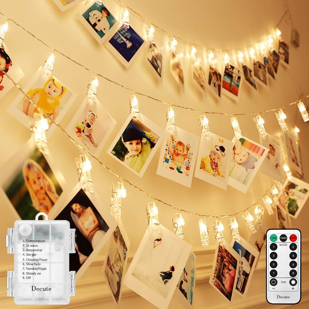 Decute 50LED Photo Clips String Lights Holder Timer Function 8 Modes Dimmable with Remote, 17FT Fairy Starry Lights for Christma