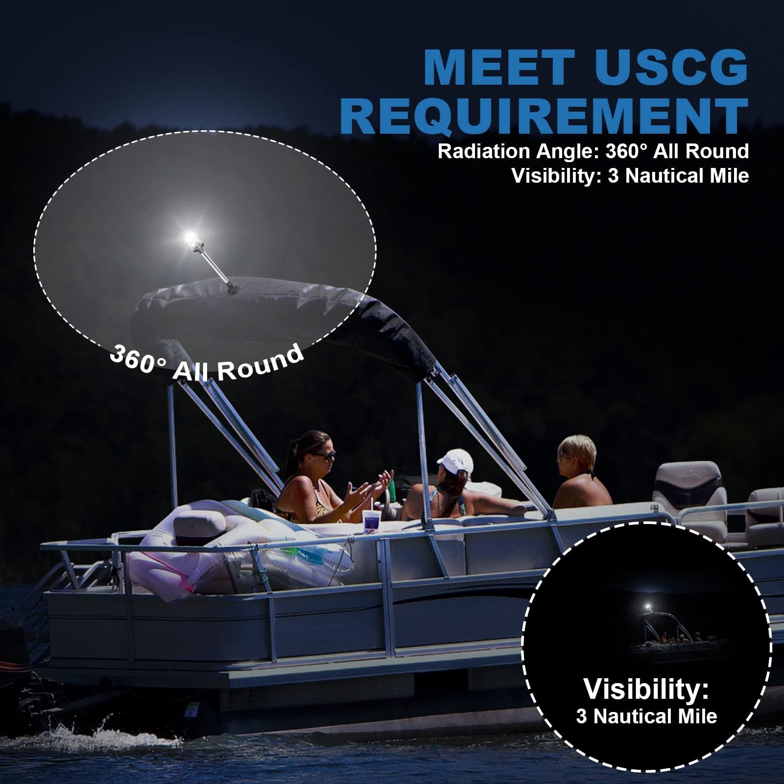 Obcursco Boat Stern Lights, IP67 Waterproof Fold-Down White LED Anchor Light for Marine, Pontoon, Fishing, Bass, and Jon Boats(6