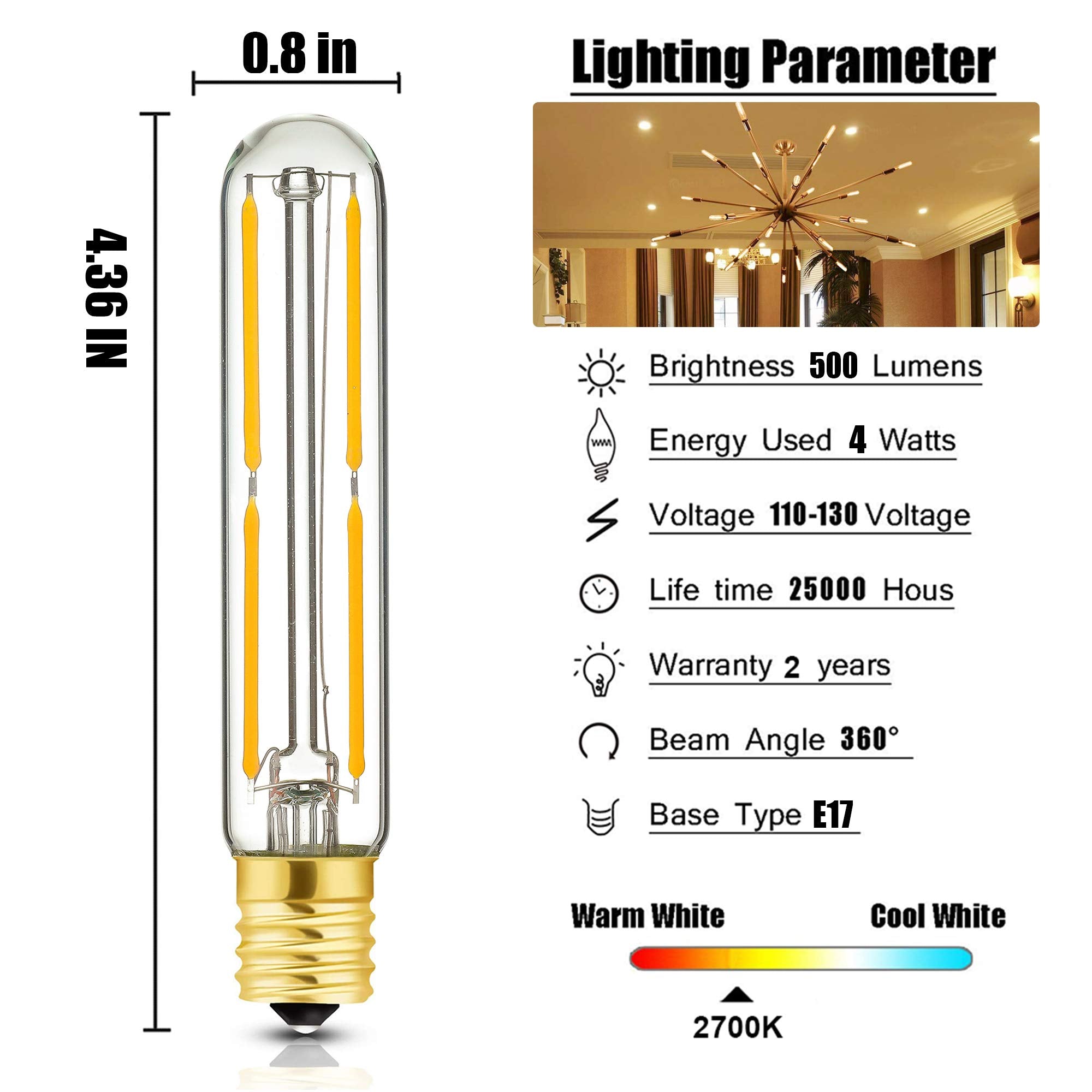 E17 T6.5 Led Tubular Filament Bulb,Dimmable 4W Led Tube Bulbs, 500Lm, 2700K Warm White, 40 Watt Incandescent Bulb Equivalent, Fo