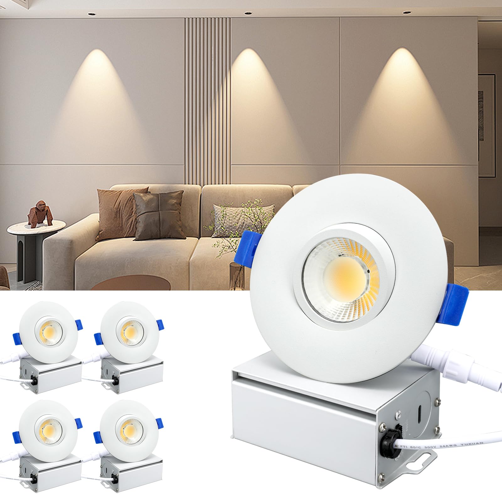 Sublimation 4 Packs 3 Inch Led Recessed Light 10W,3 Colors Adjustable 3000K/4000K/5000K,Waterproof Recessed Lights For Shower,Su