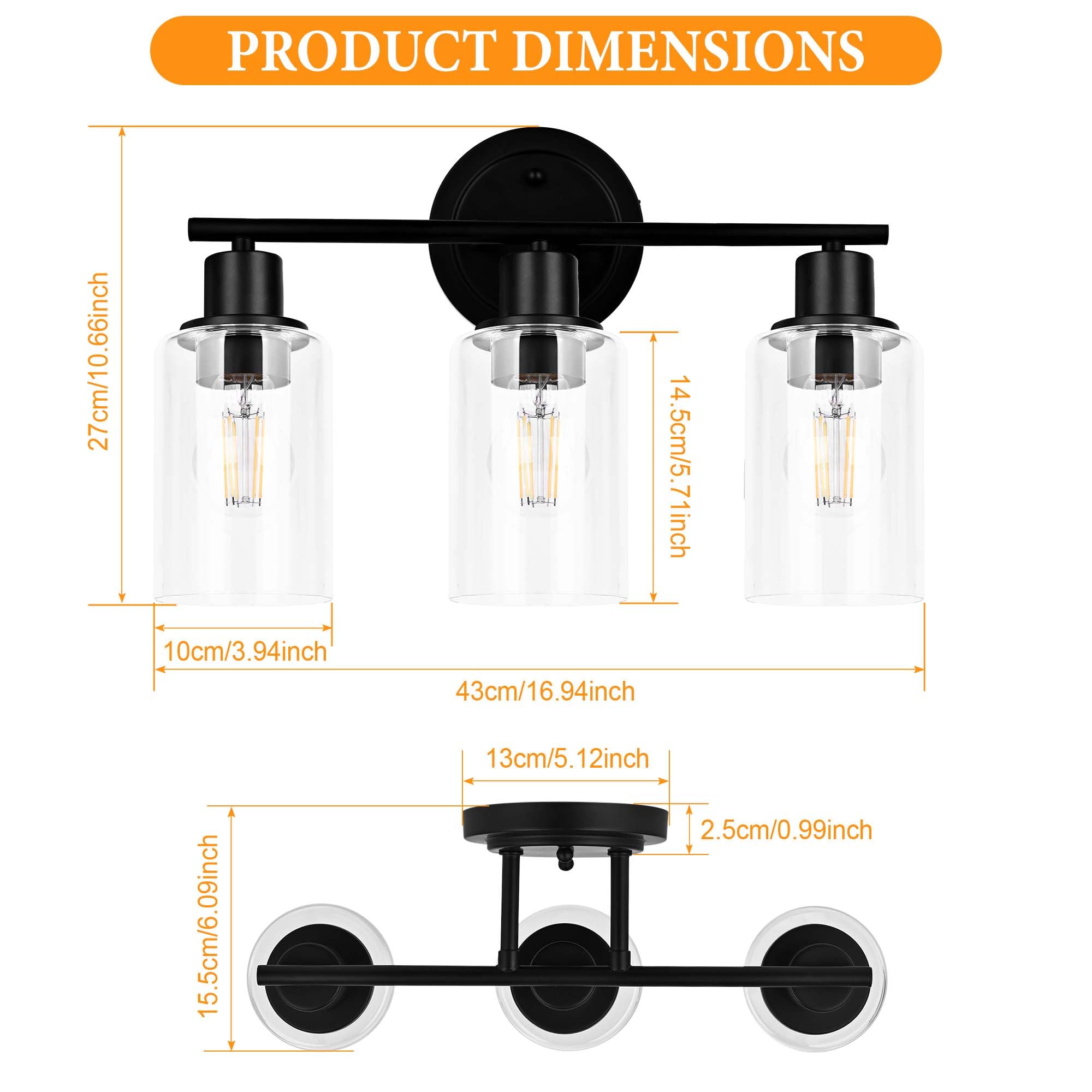 Faymart 3-Light Bathroom Vanity Light Fixture, Black Metal & Glass, Over Mirror, Model 748327905294