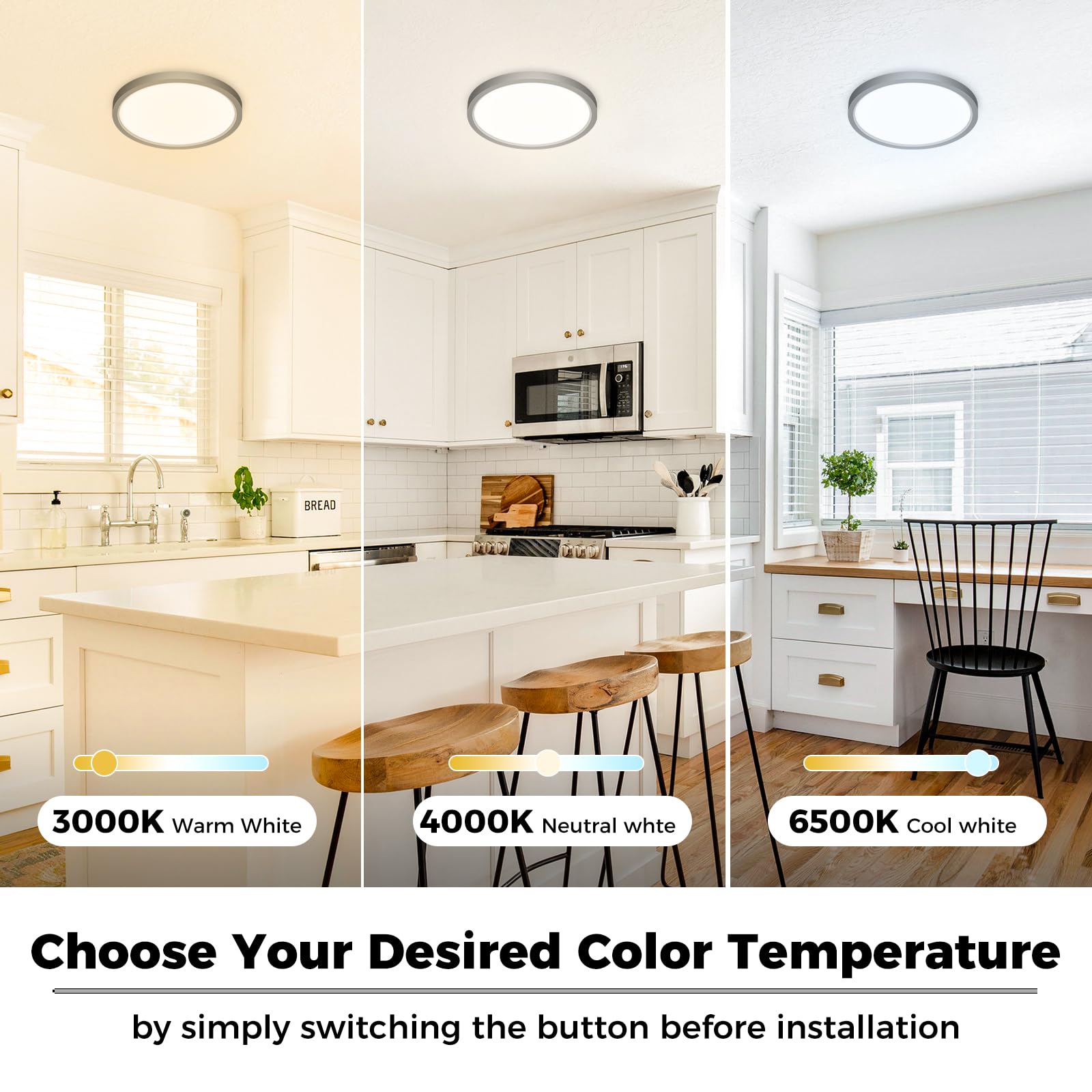 Zemty 8Pack Led Ceiling Light Fixture 6.5 Inch, 12W 1200Lm Ceiling Mount Light Fixtures, Adjustable 3000K 4000K 6500K, Round Fla