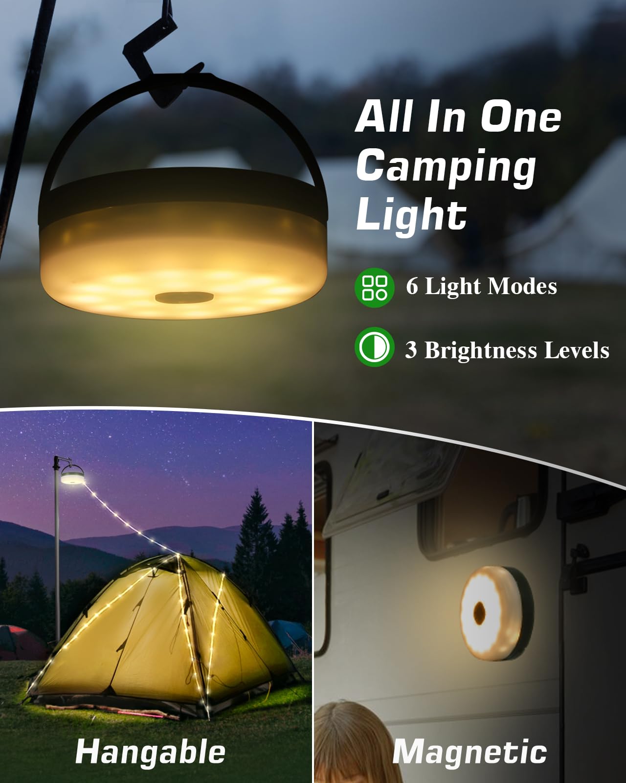 Anpro 4 in 1 Camping String Lights, 32.8 Ft, 130 LEDs, USB Rechargeable, Remote Control, Warm White, Model ACANTY0103-1-AP