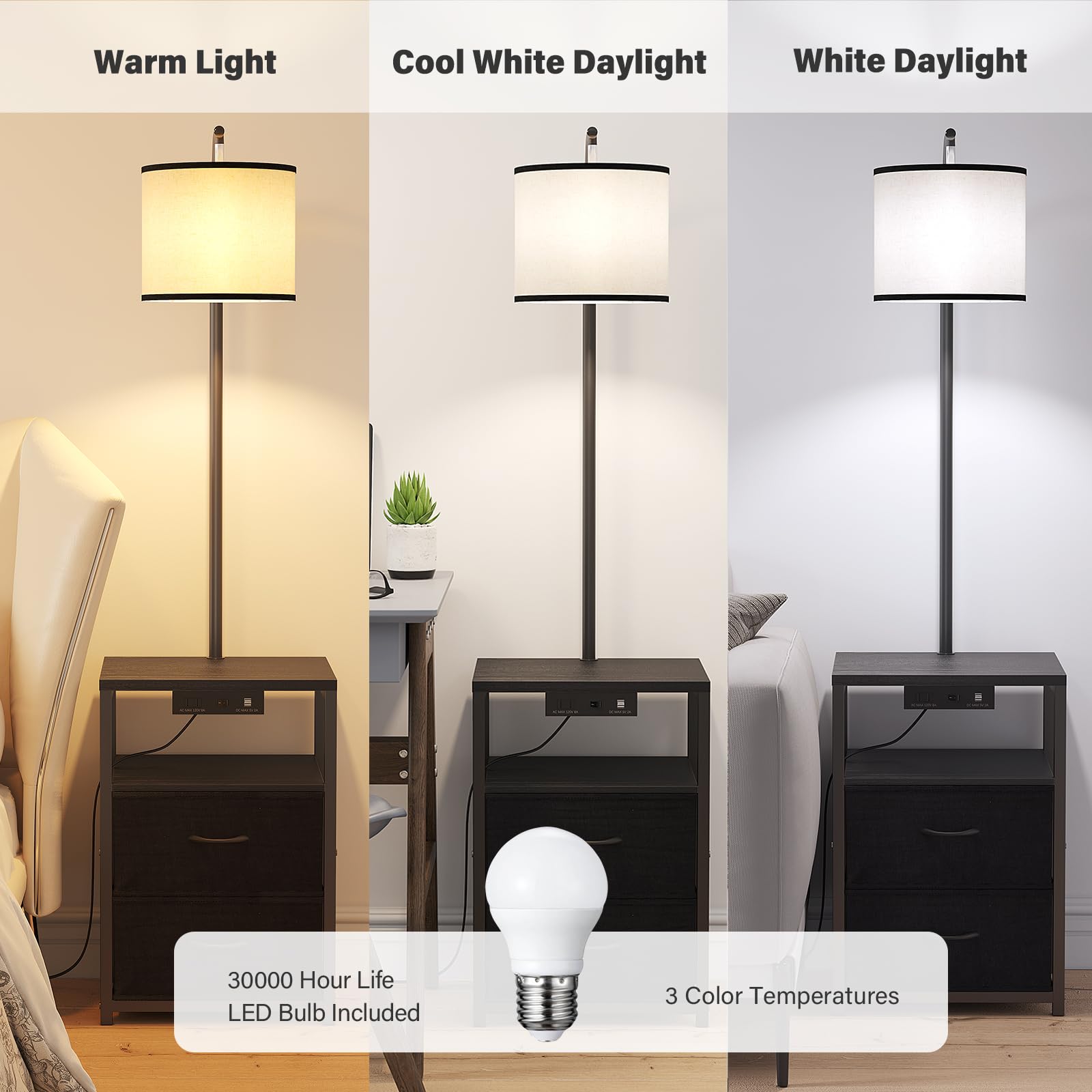 SUNMORY Floor Lamp with USB Port & Outlet, 3 Color Temp LED Bulb, Black, Wood, Model SR000008, Ideal for Living Room & Bedroom
