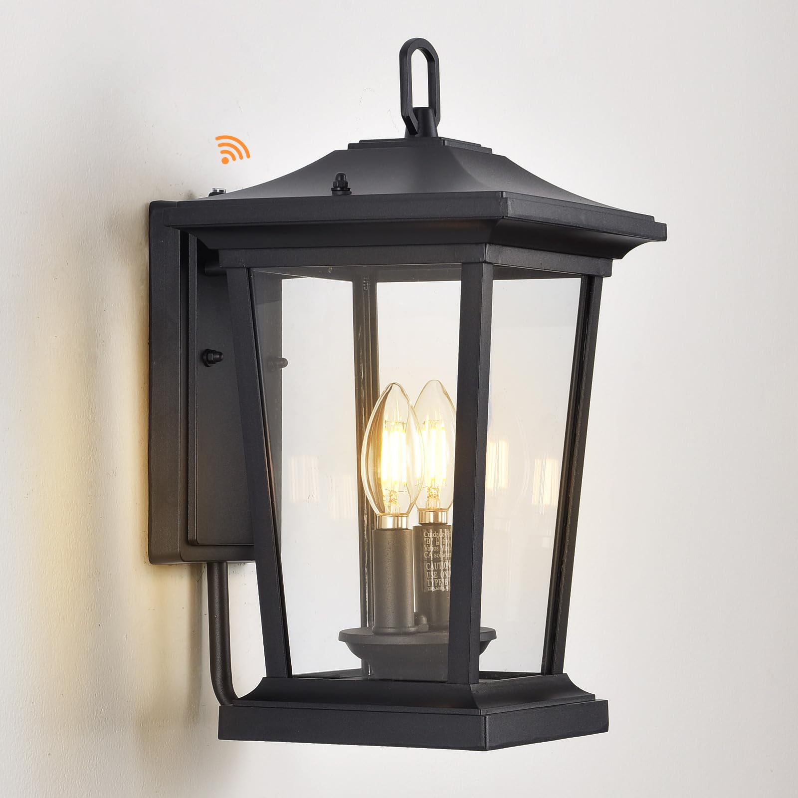 Smeike Dusk to Dawn Outdoor Wall Lantern, Large Waterproof Sconce Light Fixture, E12 Base, Aluminum, Black, Model A272-1-SR, With Sensor