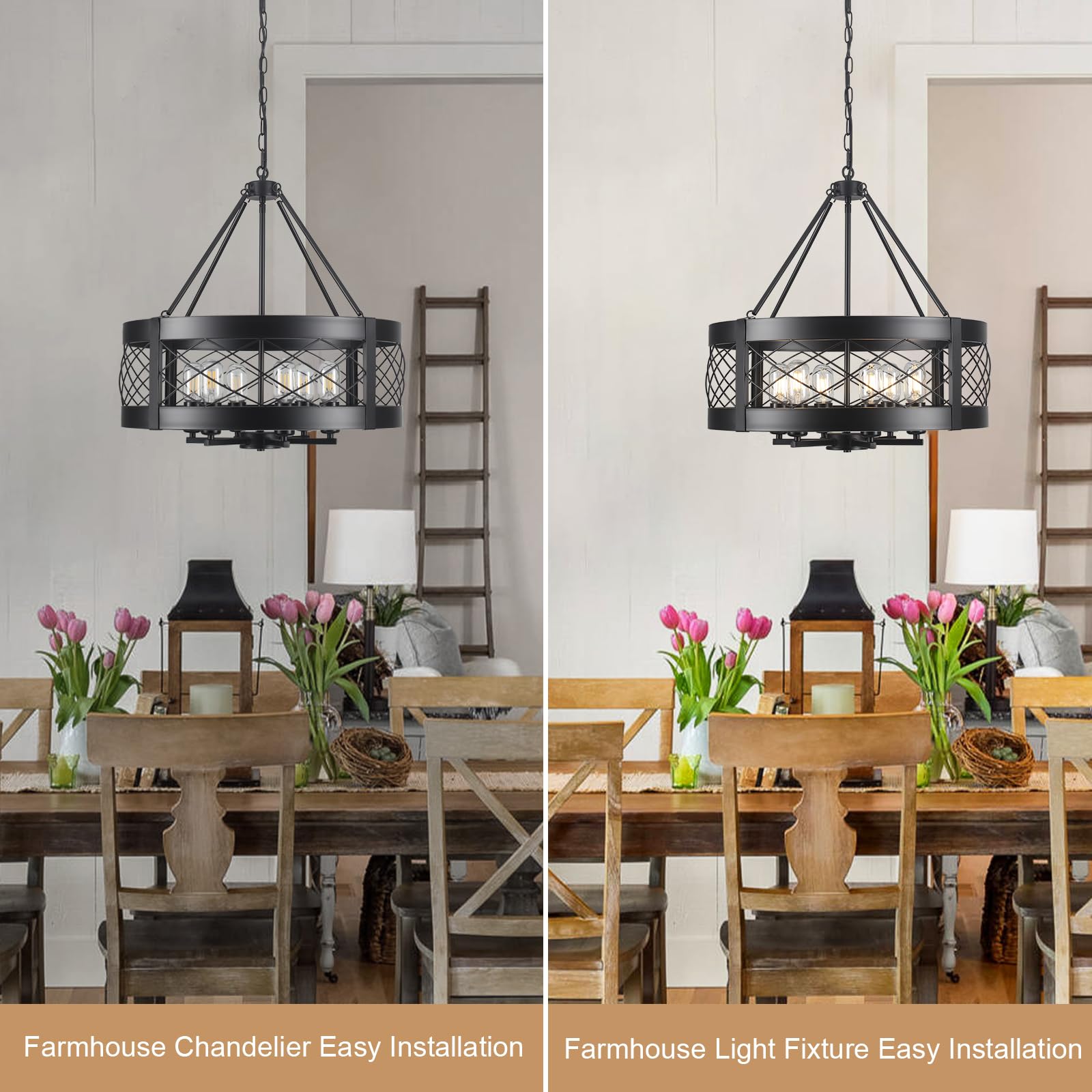 Kostomo Black Chandelier 6-Light Adjustable Farmhouse Chandelier Dining Room Light Fixture Kitchen Island Lighting Drum Rustic H
