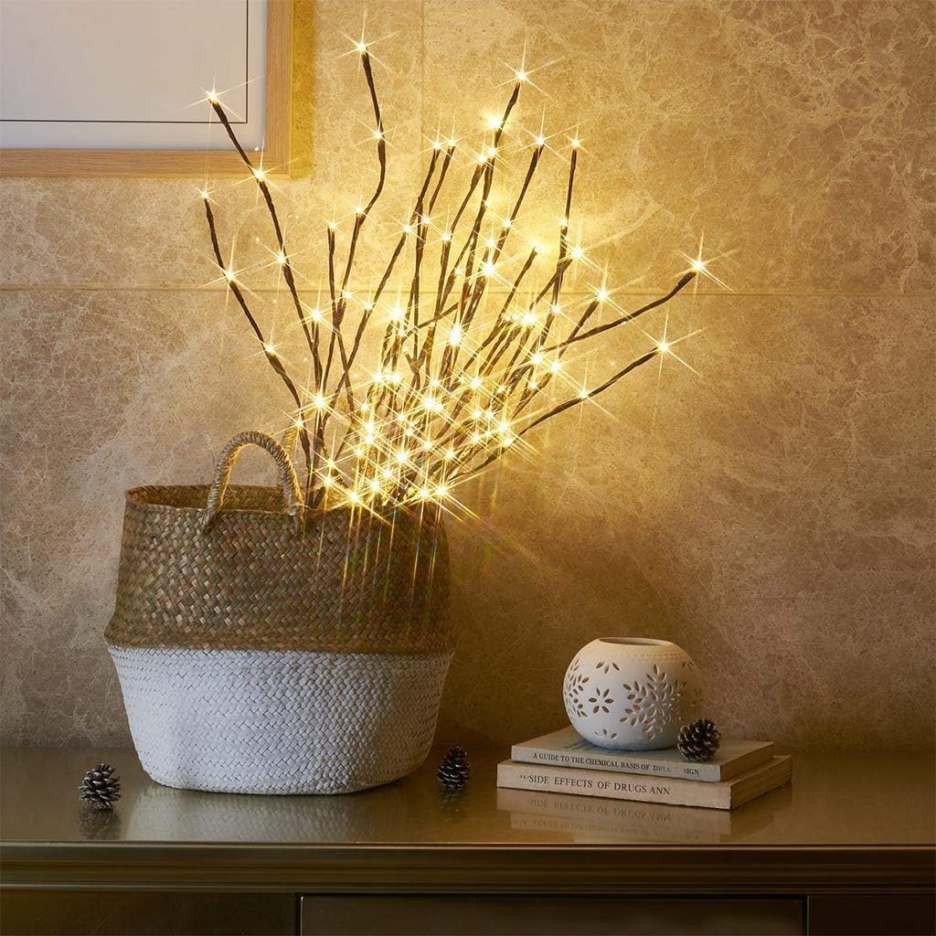 Vanthylit Lighted Twig Stakes Set of 2, 30" Brown Plastic, 120 Warm White Lights for Indoor/Outdoor Pathway Decoration