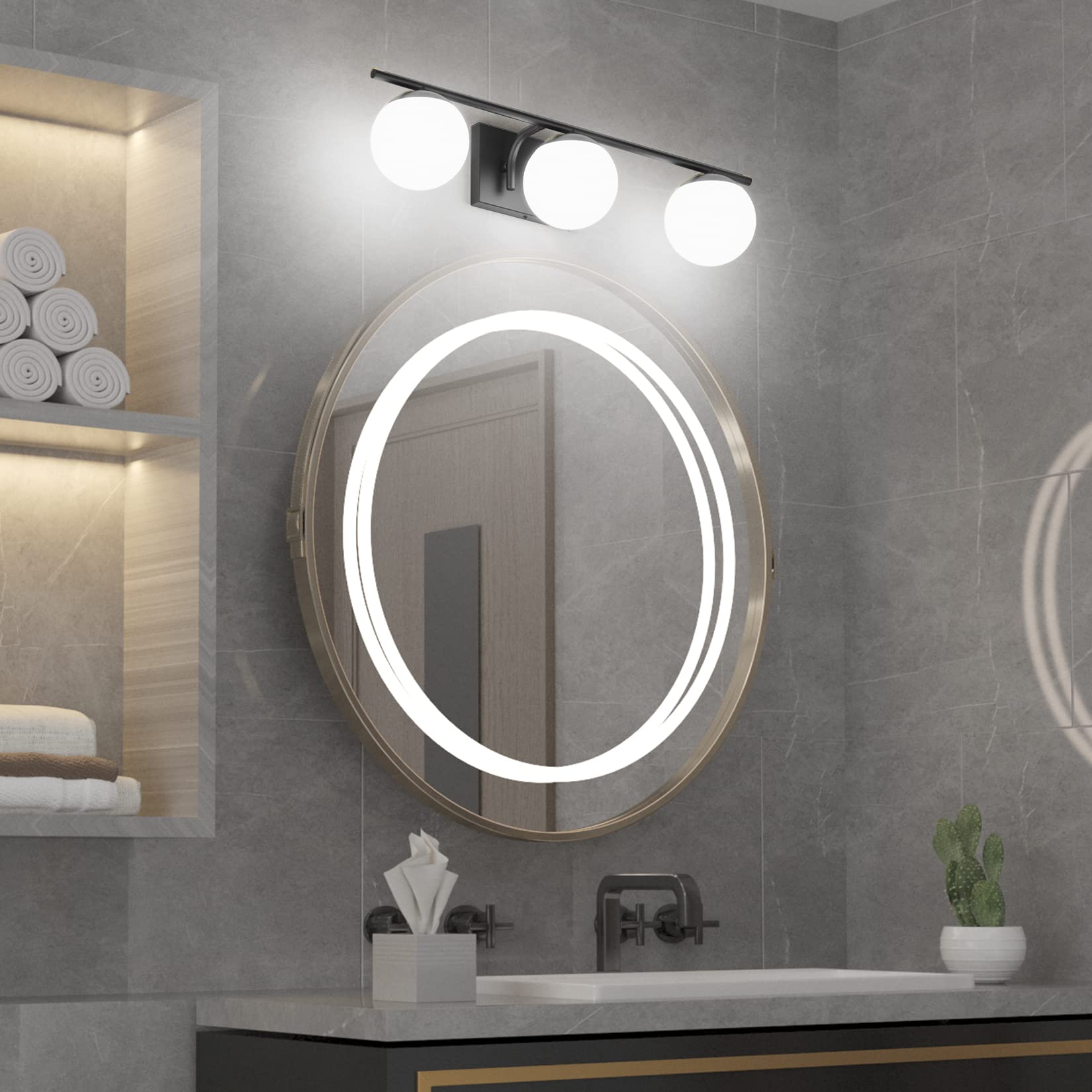 Ralbay 3-Light Bathroom Vanity Lights, Matte Black Metal with Milky Glass, Model 1167