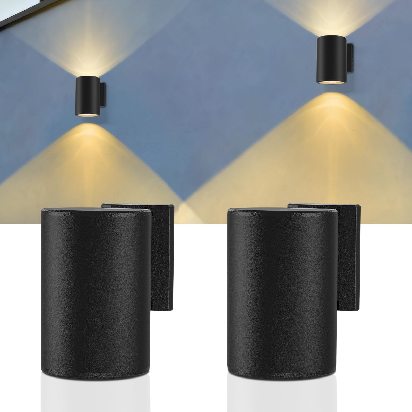 KelvinLux Solar Sconce Lights Outdoor, 2 Pack Modern Wall Light Fixture, Up & Down Warm White Glow, Solar Powered Exterior Light