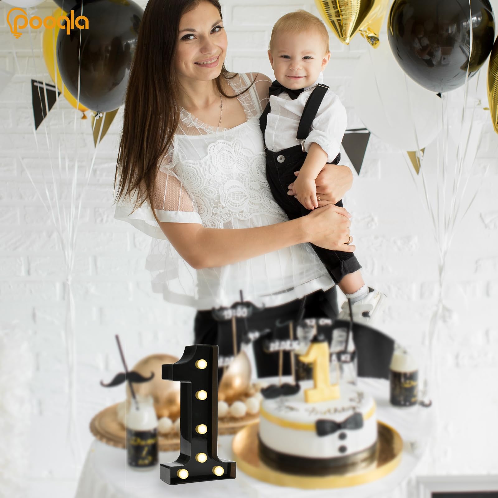 Pooqla Decorative Led Light Up Number Letters, Black Plastic Marquee Number Lights Sign For 1St 10Th 21Th Birthday Party Wedding Decor Battery Operated Black Number 1