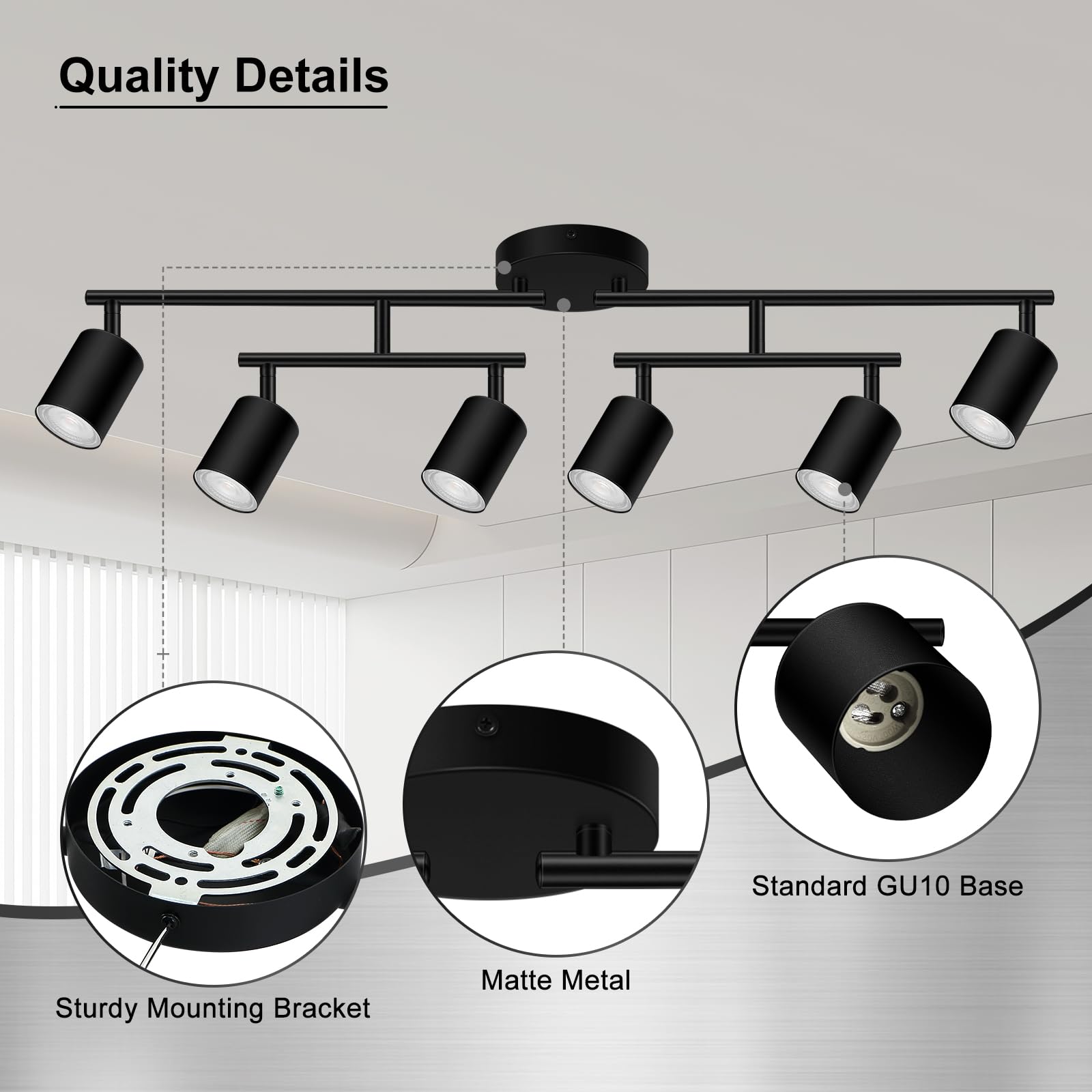 AUQUEE 6-Light Matte Black Track Lighting Fixtures, Rotatable LED Spot Lights for Kitchen/Hallway, Model AQC0661US