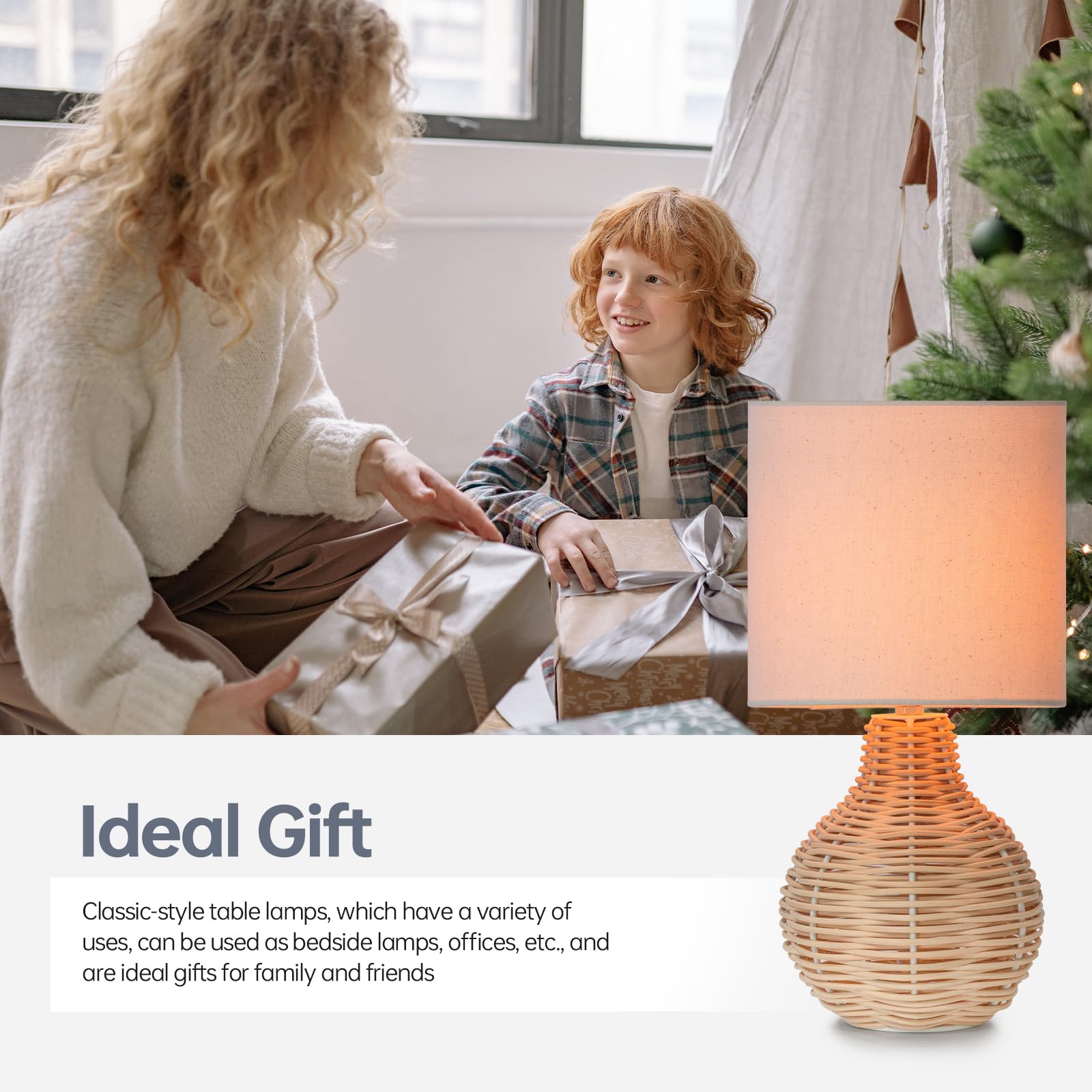 Velxee Rattan Table Lamp, Vintage Wicker Wooden Nightstand Lamp Set Of 2, Boho Bamboo Woven End Table Lamp For Bedroom Living Ro