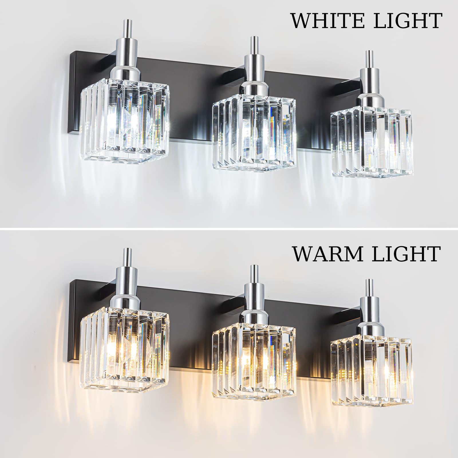 HUOKU Bathroom Vanity Light, Modern 3-Light Fixture, Black Chrome with Crystal Square Shade