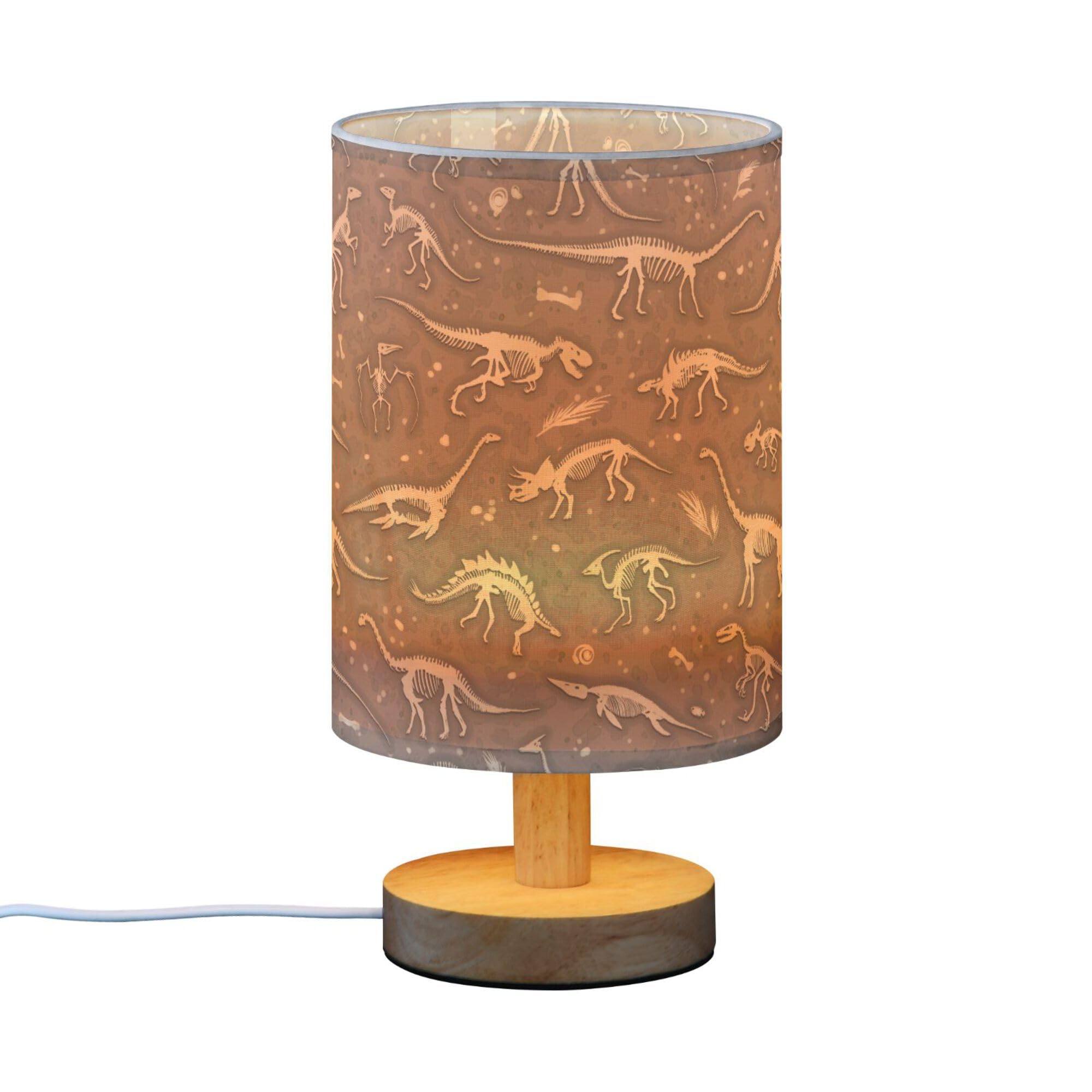 Yyzzh Table Lamp Dinosaur Fossil Dino Skeletons Pattern Nightstand Lamp With Wood Base Fabric Lamp Shade Bedside Desk Lamp For L