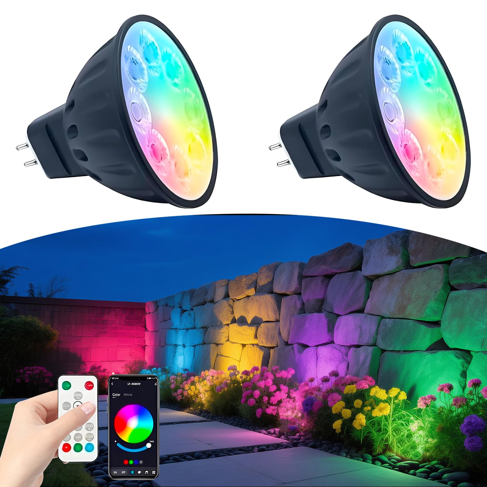 Makergroup MR16 RGBW LED Bulbs, CCT Tunable 2700K-6500K, Remote & Bluetooth Control, 5W 2-Pack, Aluminum